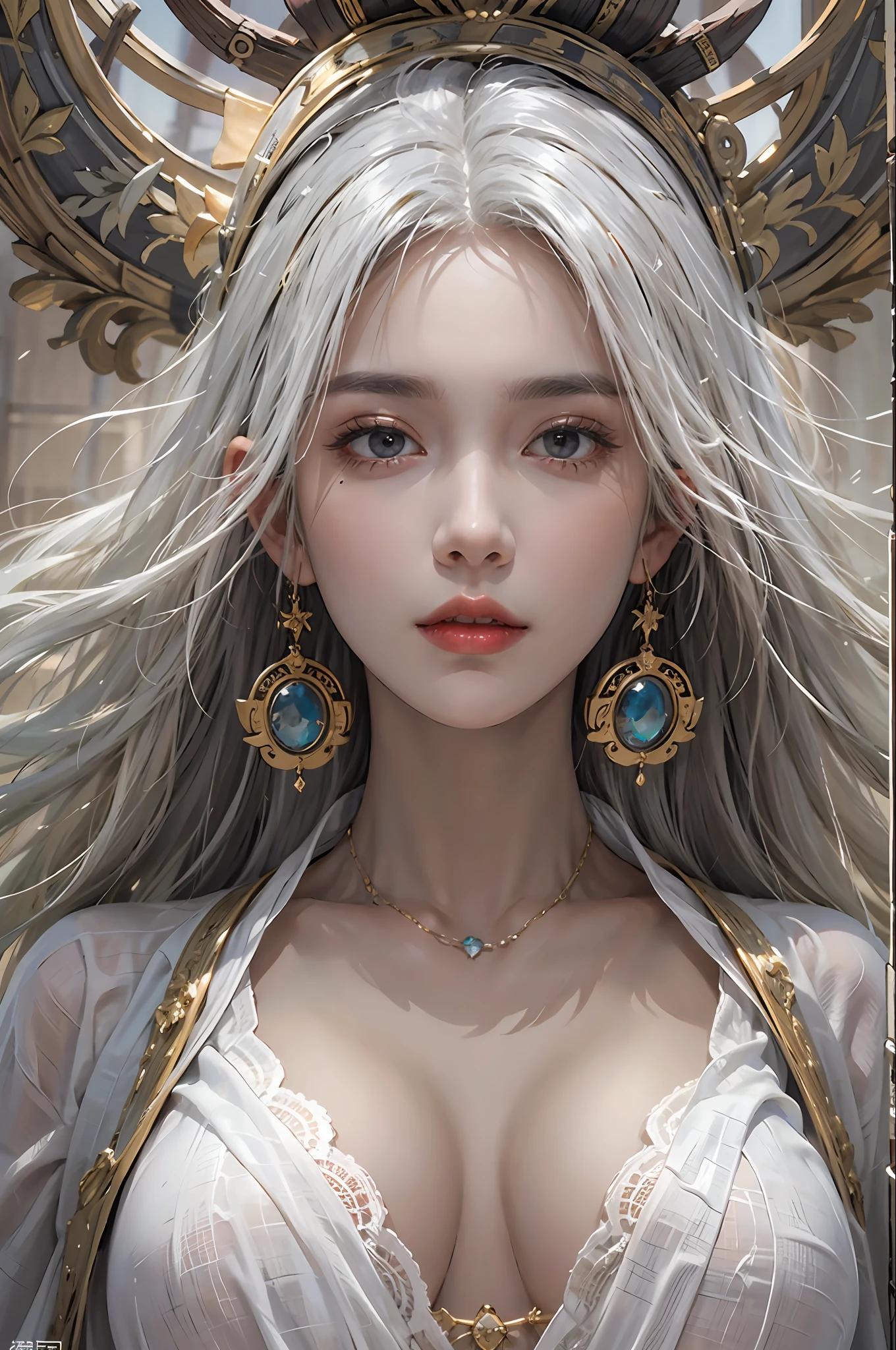 Photorealistic, high resolution, 1womanl, Solo, huge tit,Hips up, view the viewer, (Detailed face), White hair, Long hair, taoist robe,Oversized clothes, jewelry,slim toned body,crisp breasts,There is a halo behind it