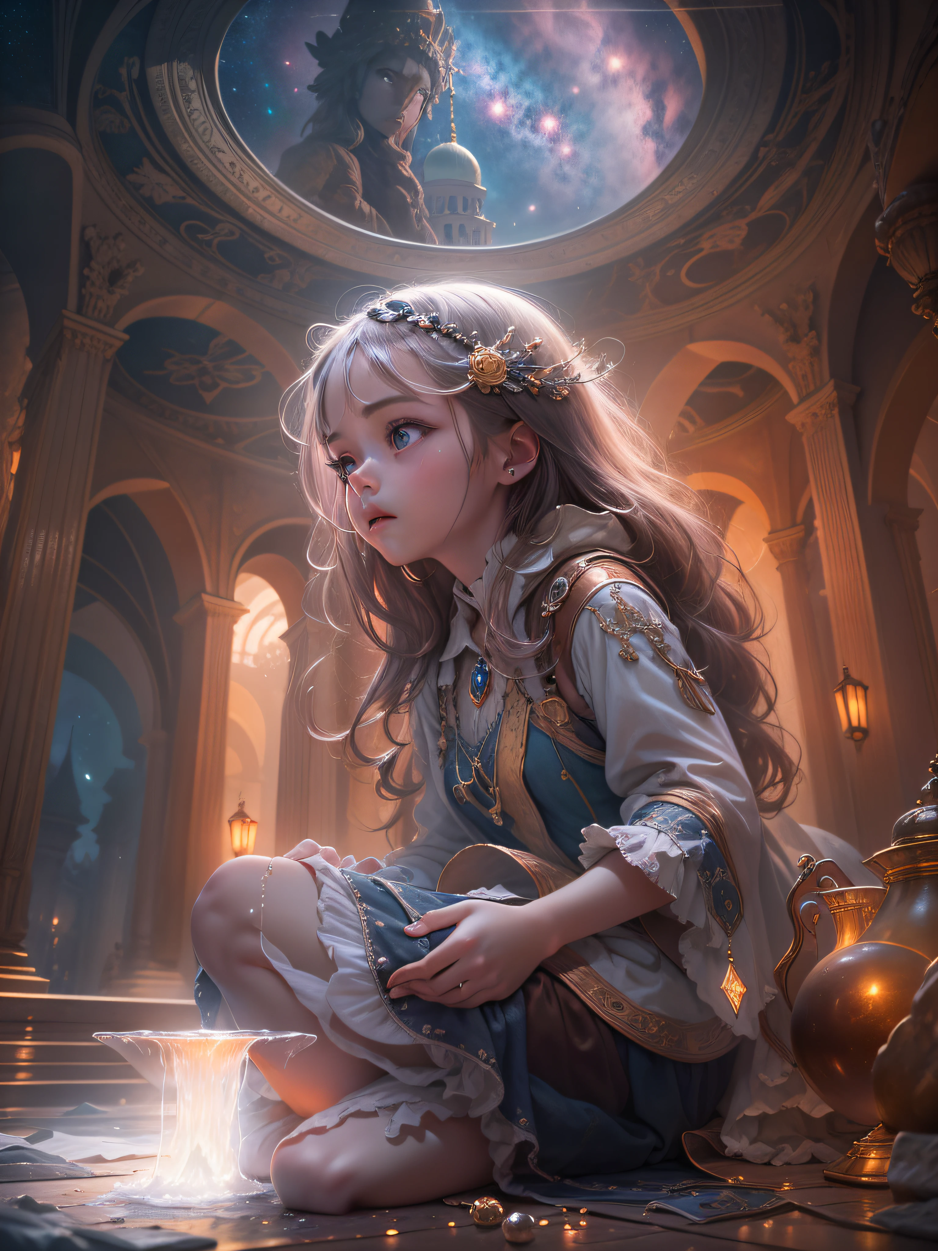 A masterpiece of high detail,8K,High-resolution body content:utopian,Broad perspectives,fanciful,Full of mystery,Bask in the mysterious atmosphere,Hopeful,Divine piety ,Look outward at the background:Dazzling colors,The sat and looked at the atmosphere in the distance:Mysterious and unknowable sense of light,milky ways,Magic beam,The fantasy of the future world is intertwined with reality,Color:Infused with ethereal hues,High purity color, composition:Vista composition,Sitting angle,ultra-wide-angle,Style reference:Virtual Engine,Ethereal magical texture,Chaotic real world