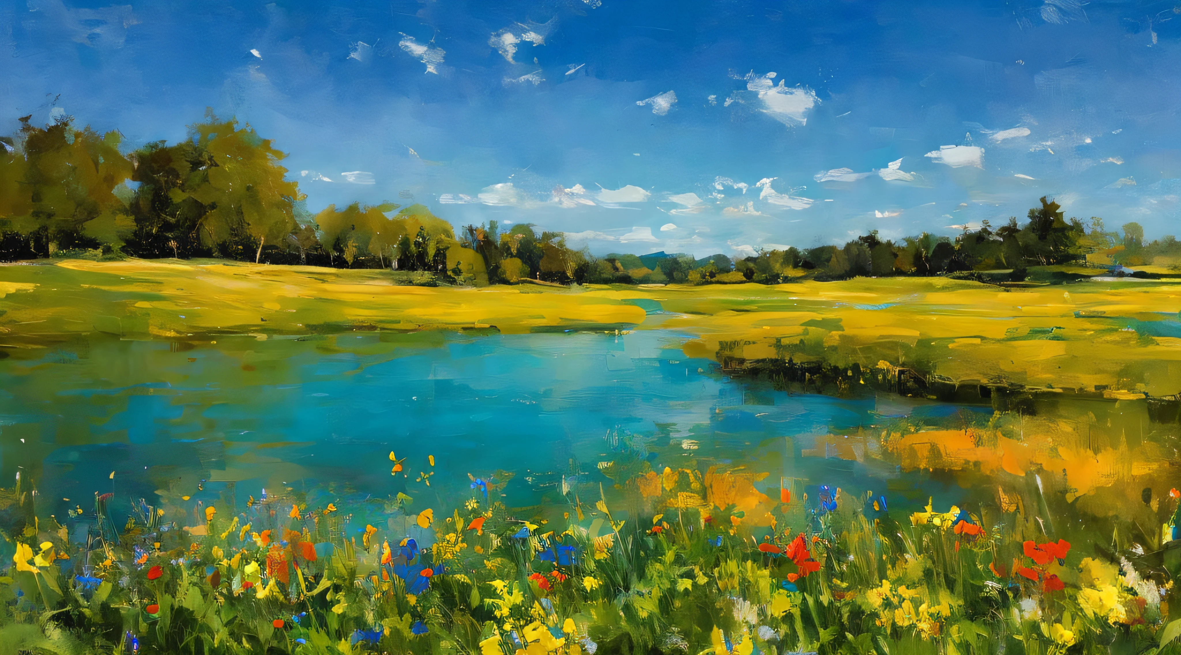 Summer, meadows, flowers, lake, heaven, clear blue sky, sunny, HD detail, hyper-detail, cinematic, dynamic lighting, deep field focus, colorful