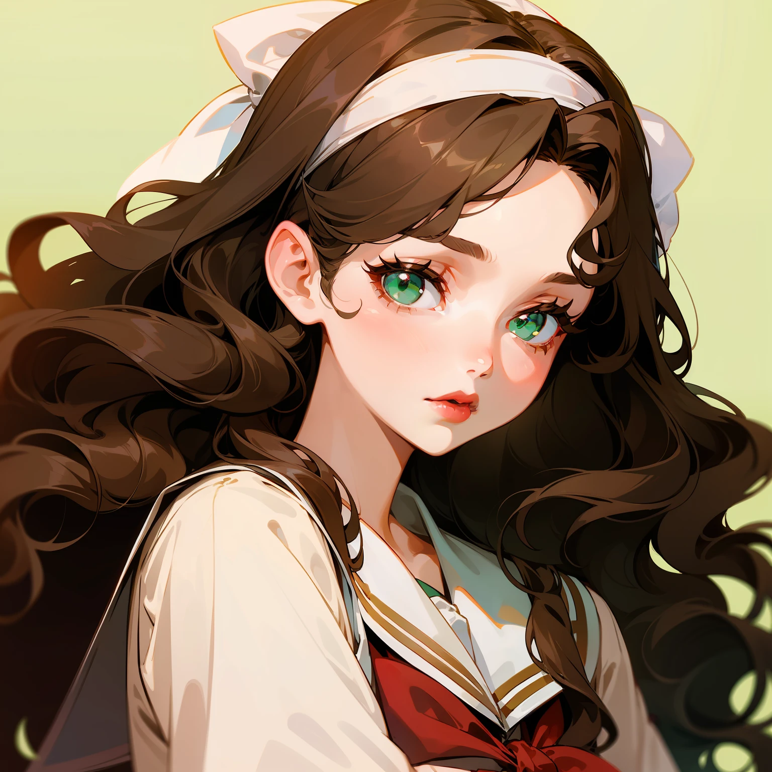tender girl, emerald green eyes, long wavy brown hair, fringed hair, delicate and feminine look, school uniform, red lips, long eyelashes, white headband.