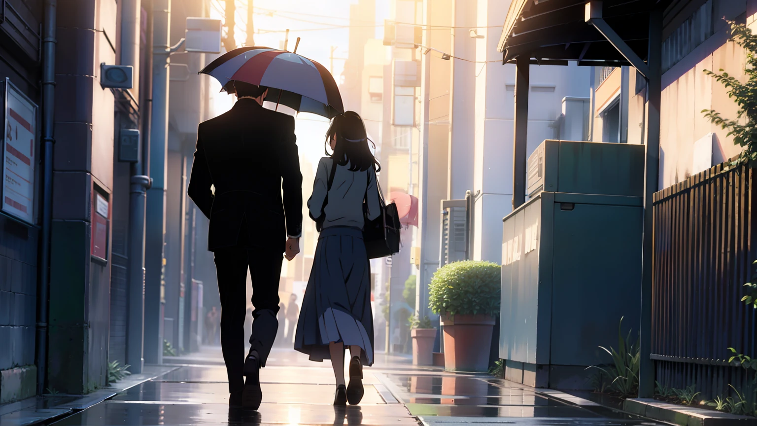 A long-haired girl，Wear a long skirt，Holding a folding umbrella in his hand，Turn your back to a boy in a suit，