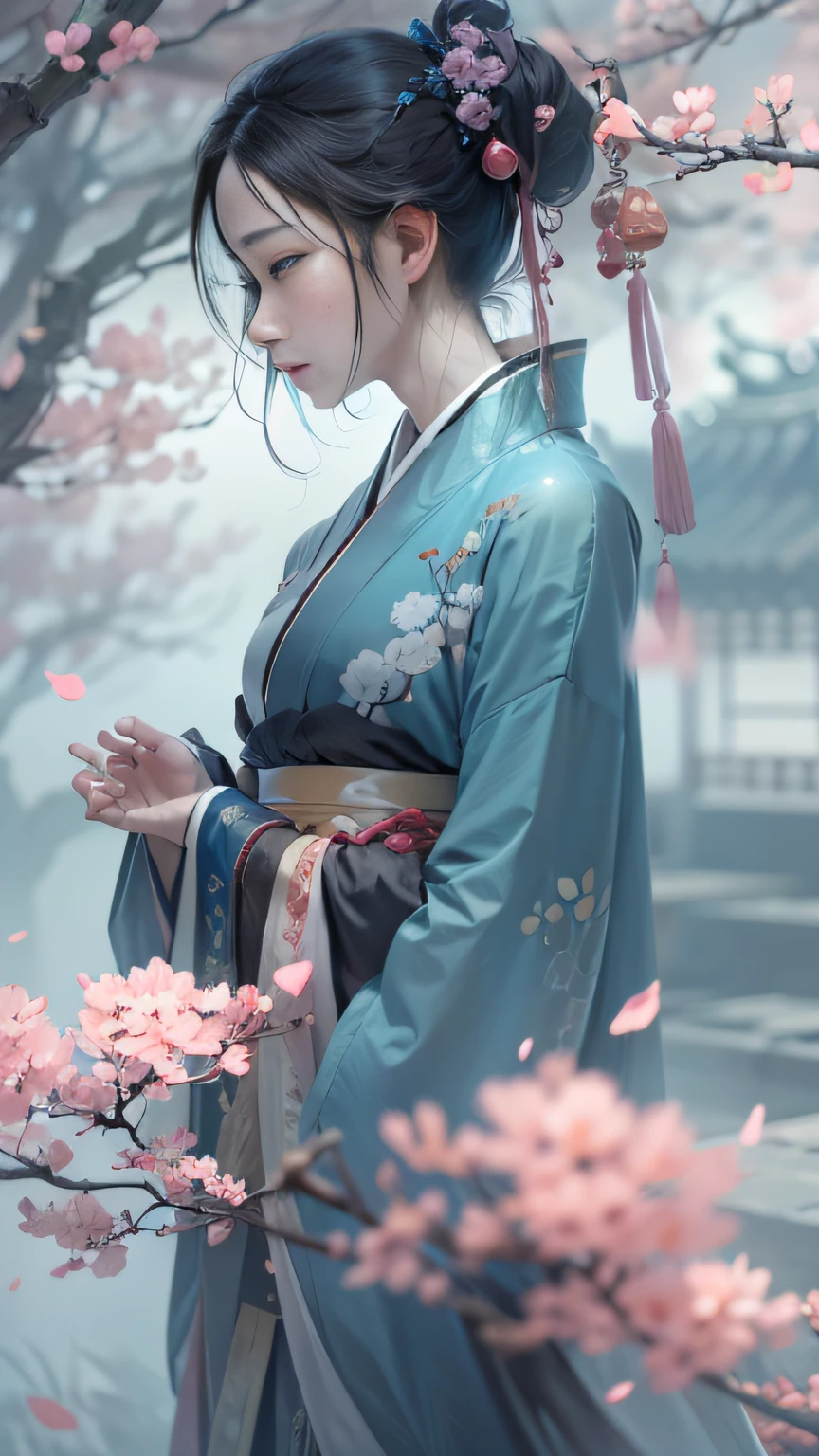 An oriental classical beauty who turned away,Only a poignant back remains,Peach blossoms fall behind him,A drizzle,The ancient city of Hangzhou is in a bleak state。The picture is bleak in blue-gray tones,Character Spotlight,bust,Drawn by Zao Wou-Ki - Niji5,Depth of field 1.5,Cinematic texture,Top side light