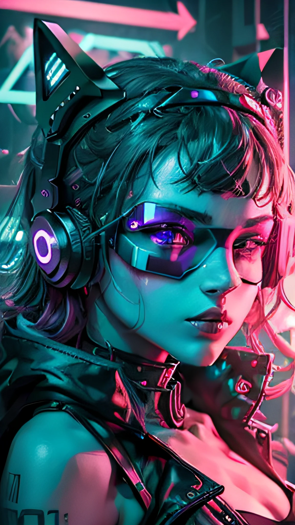 ((melhor qualidade)), ((obra-prima)), (altamente detalhado: 1.3), ..3d, NeonNoir, bela femboy cyberpunk, (using the head mounted display which is thick and hi-tech: 1.2), usando uma capa, usando uma mascara preta justa ao formato do rosto, hacking um terminal de computador, PURPLE NEON LIGHT FROM MONITOR, GREEN NEON SIGNS ON THE WALL, fone de ouvido de mixagem e referencia