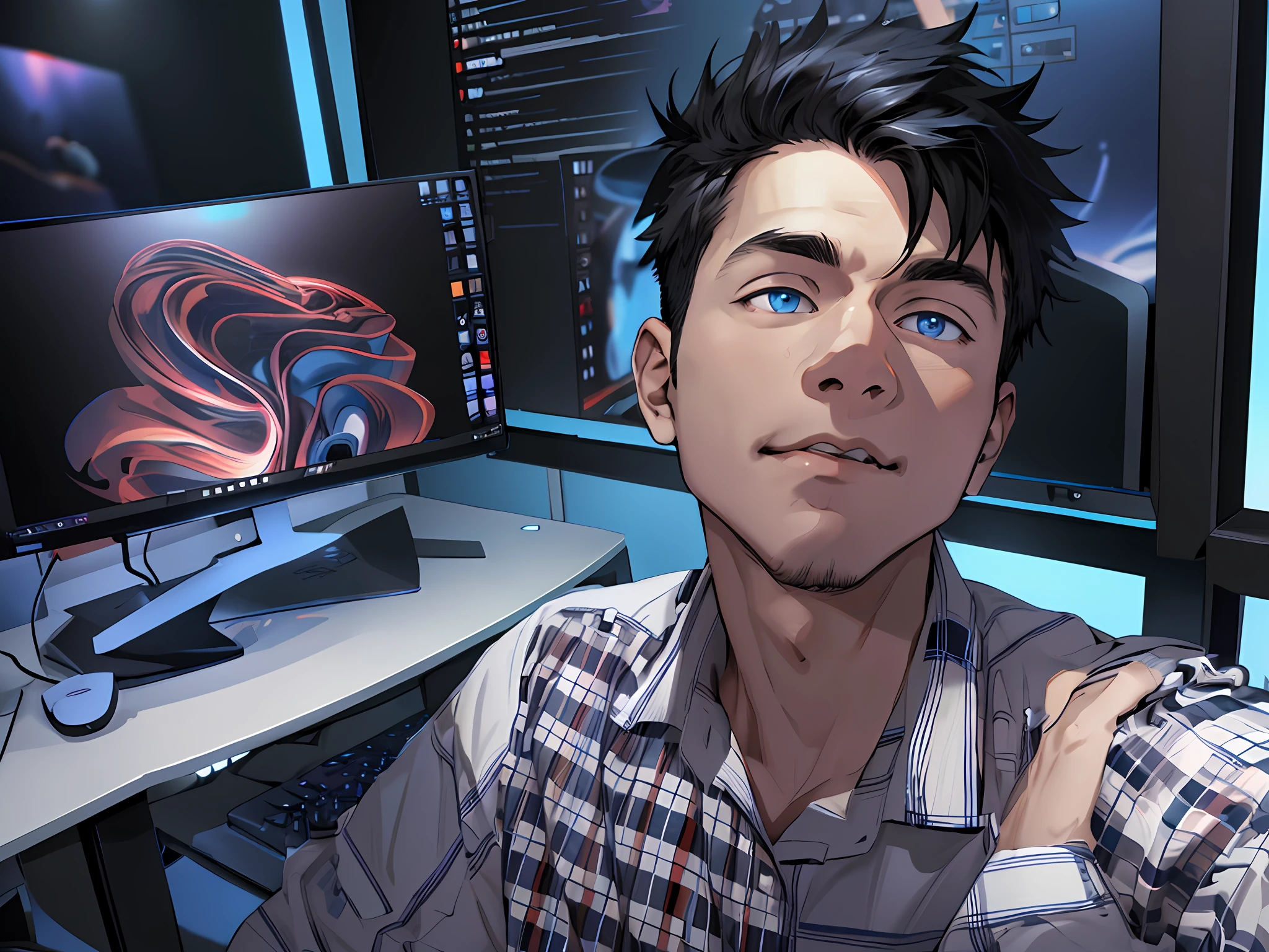 Best quality: 1.0), (Super High Resolution: 1.0), Anime boy, short black hair, blue eyes, sitting in front of computer playing games, background in esports room,