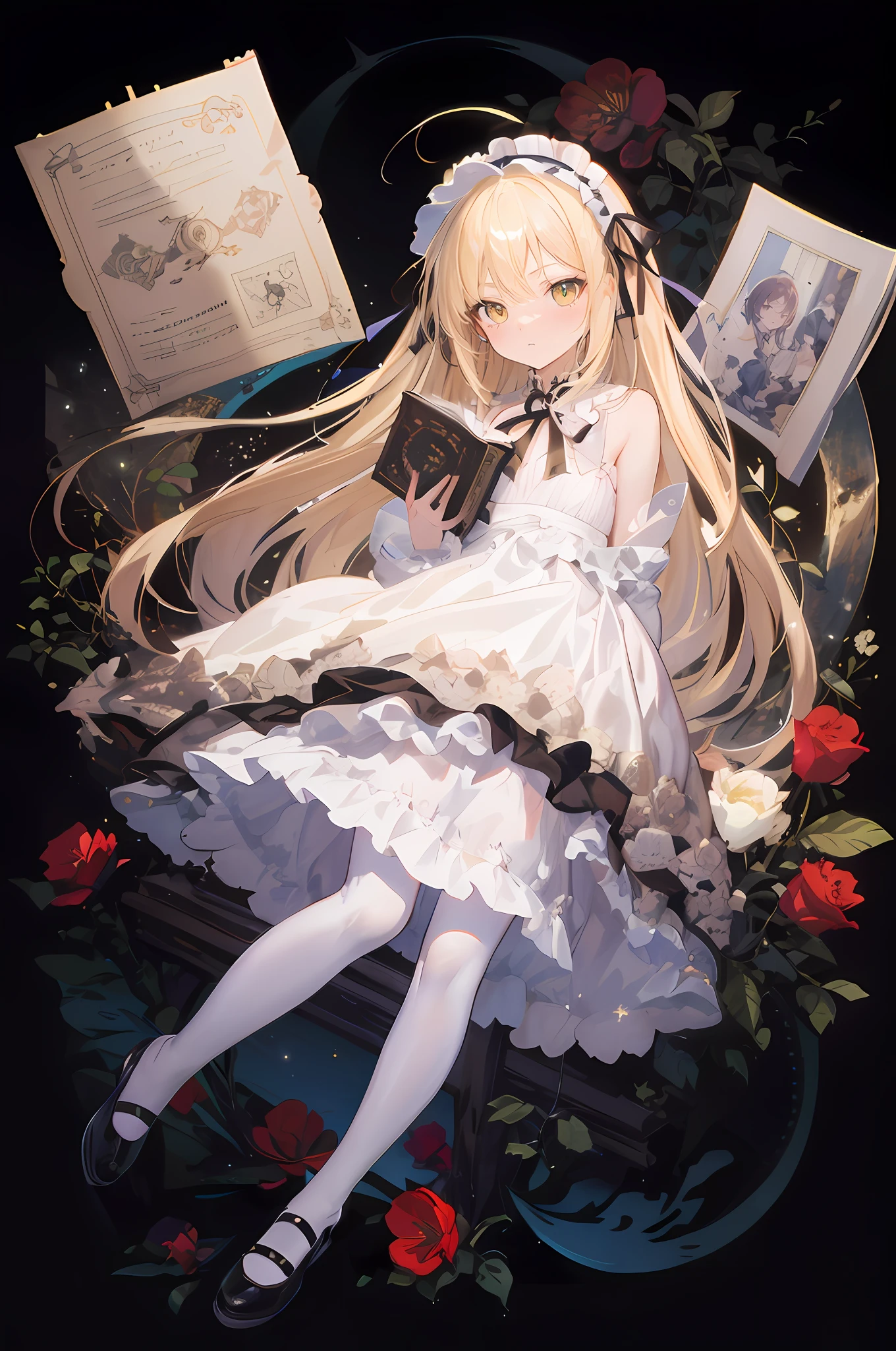 Lolita Gothic,From the side Side,full bodyesbian,Ray tracing,{Best quality}, {{Masterpiece}}, {A high resolution}, Original, Extremely detailed 8k wallpaper, 1girll, {An extremely delicate and beautiful},,incredibly_absurderes,Ray tracing,{Best quality}, {{Masterpiece}}, {A high resolution}, Original, Extremely detailed 8k wallpaper, {An extremely delicate and beautiful},,incredibly_absurderes,Colorful,intricately details,art book,,Perspective,very wide angle shot,Overall view,,aurora,Starry sky,clusters of stars,Starry sky,glistening stars,,forest,outline,fountain,Shop,Outdoors,east asian architecture,greco-roman architecture,restaurant,shanty townships/favela,,chies,A high resolution,Extremely detailed Cg Unity 8K wallpaper,Detailed manga illustrations,art of light novel,art of light novel,angel,Petite,Dragon girl,lolita fashion,Babe,ahoge,Blonde hair,Long hair,Blonde_Hair/Yellow_Eyes,looking at the distance,Closed mouth,standing,Own hands together,Detail fingers,Slim legs,Expressionless,Serious,Beautiful detailed eyes,Gothic_Lolita,Cloak cover,Lolita Gothic,White pantyhose,white stockings,White_upper legs,Fine fabric emphasis,mary_janes,Cross necklace,ribbon,Hair ribbon,maid headdress,hair adornments,flat_chest,flat_chest,Ray tracing,Beautiful detailed sky,Masterpiece,Clear picture,Pedras preciosas,