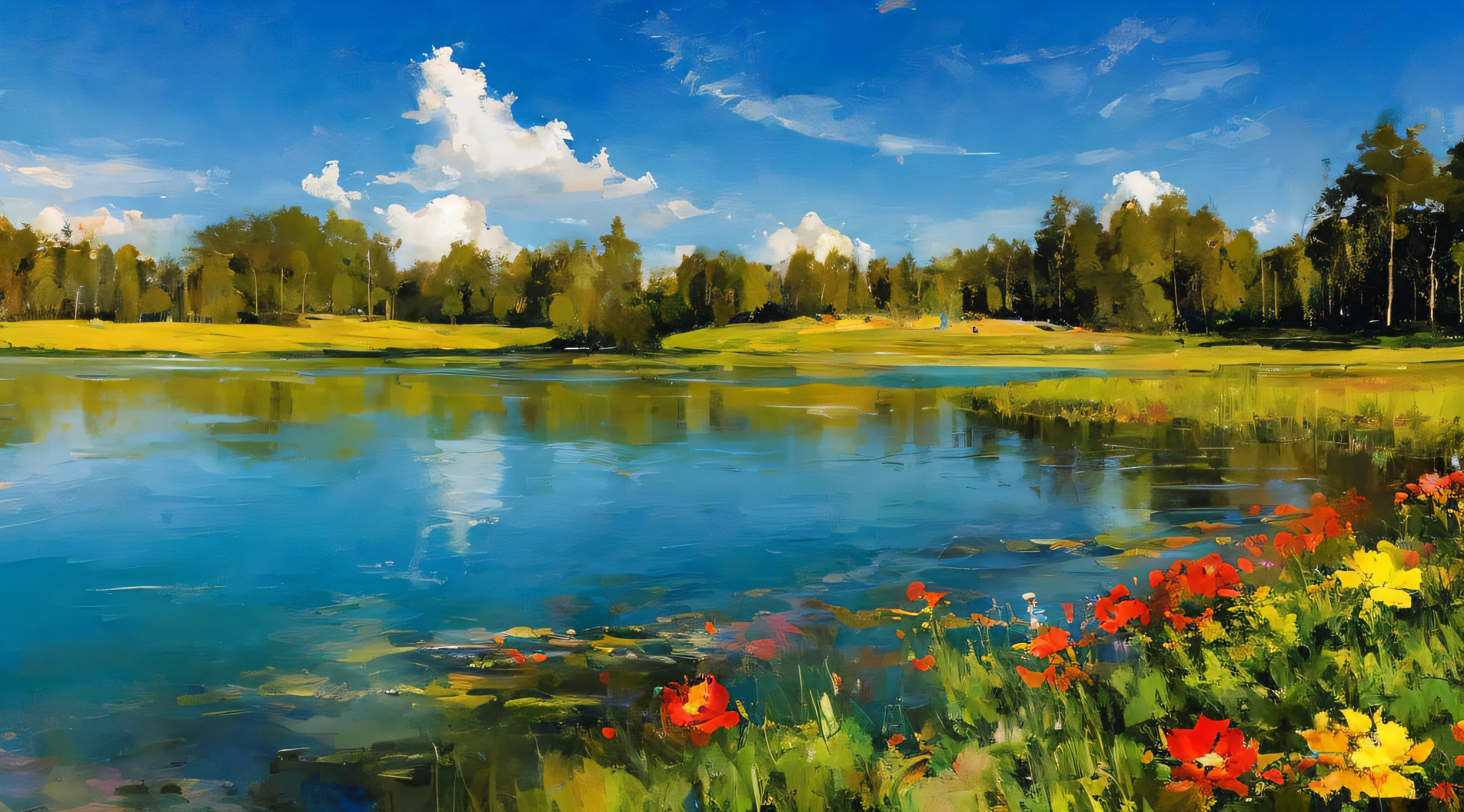 Summer, meadows, flowers, lake, heaven, clear blue sky, sunny, HD detail, hyper-detail, cinematic, dynamic lighting, deep field focus, colorful