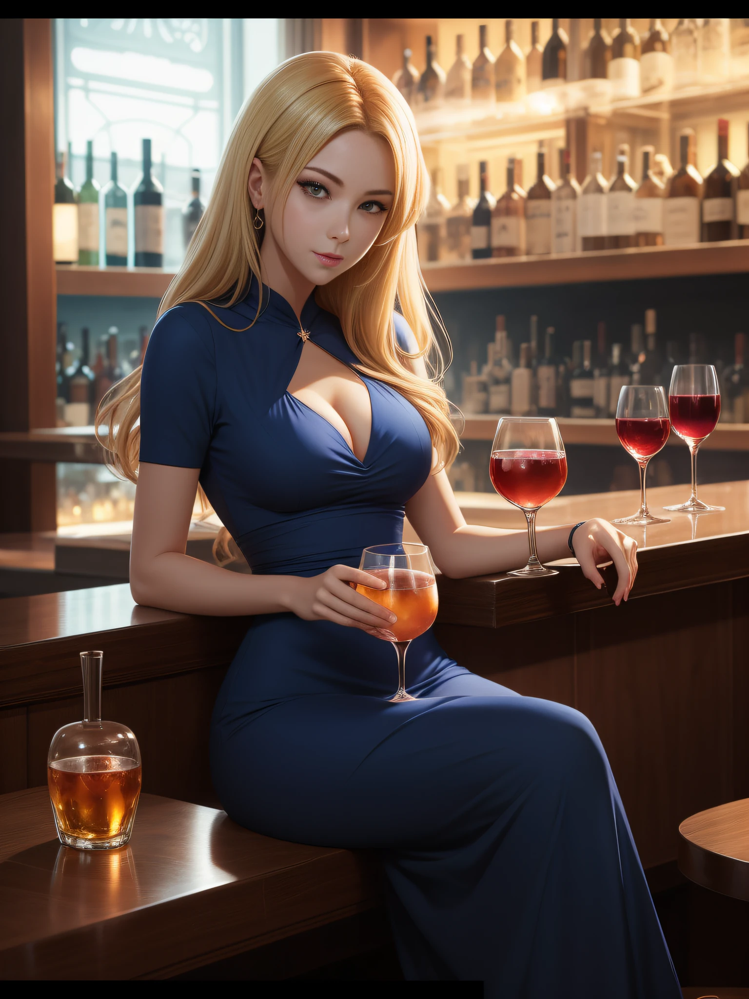 Blonde woman in Persian blue dress sitting in bar with a glass of wine, Perfect body proportion, beautiful and seductive anime woman,Look at the camera, Crowded bar background,Extremely detailed Artgerm, tmasterpiece, anime illustration, High detail, drinking a drink