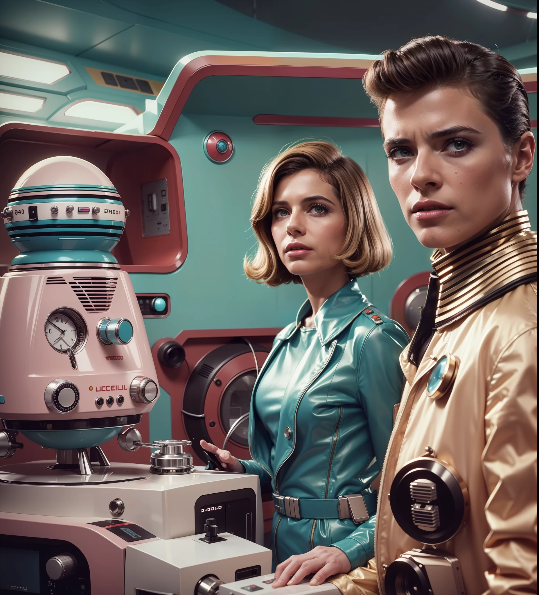 4k image from a 1970s science fiction film, imagem real, Estilo Wes Anderson, pastels colors, a man between two women wearing retro-futuristic fashion clothes and futuristic technological ornaments and devices, Luz Natural, cinemactic, Psicodelia, futurista estranho, retro-futurista,