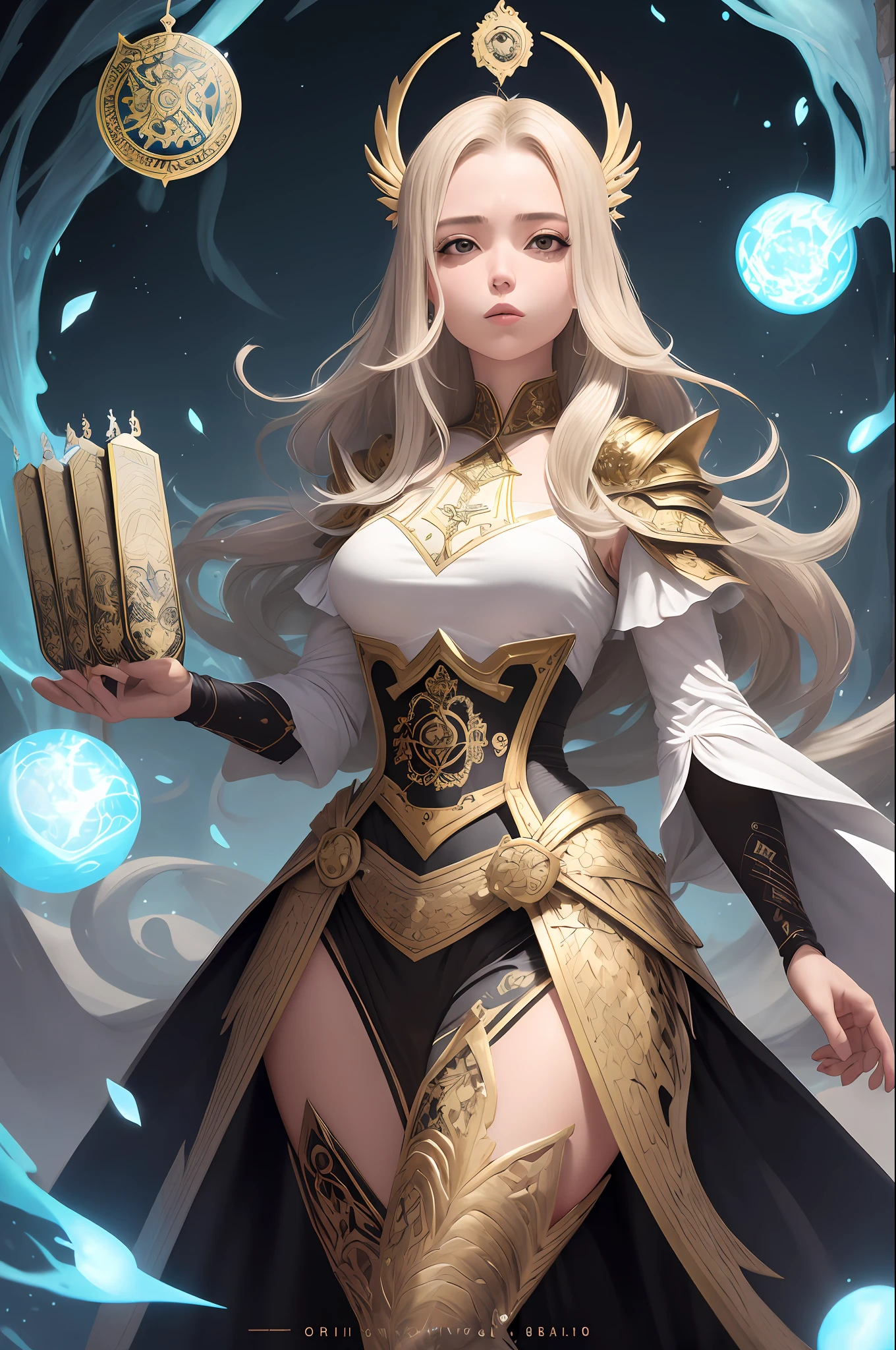(melhor qualidade, obra-prima), 1girl, cabelo longo, fundo arte de 8 de copas, folha, Tarot card, 8 de copas,