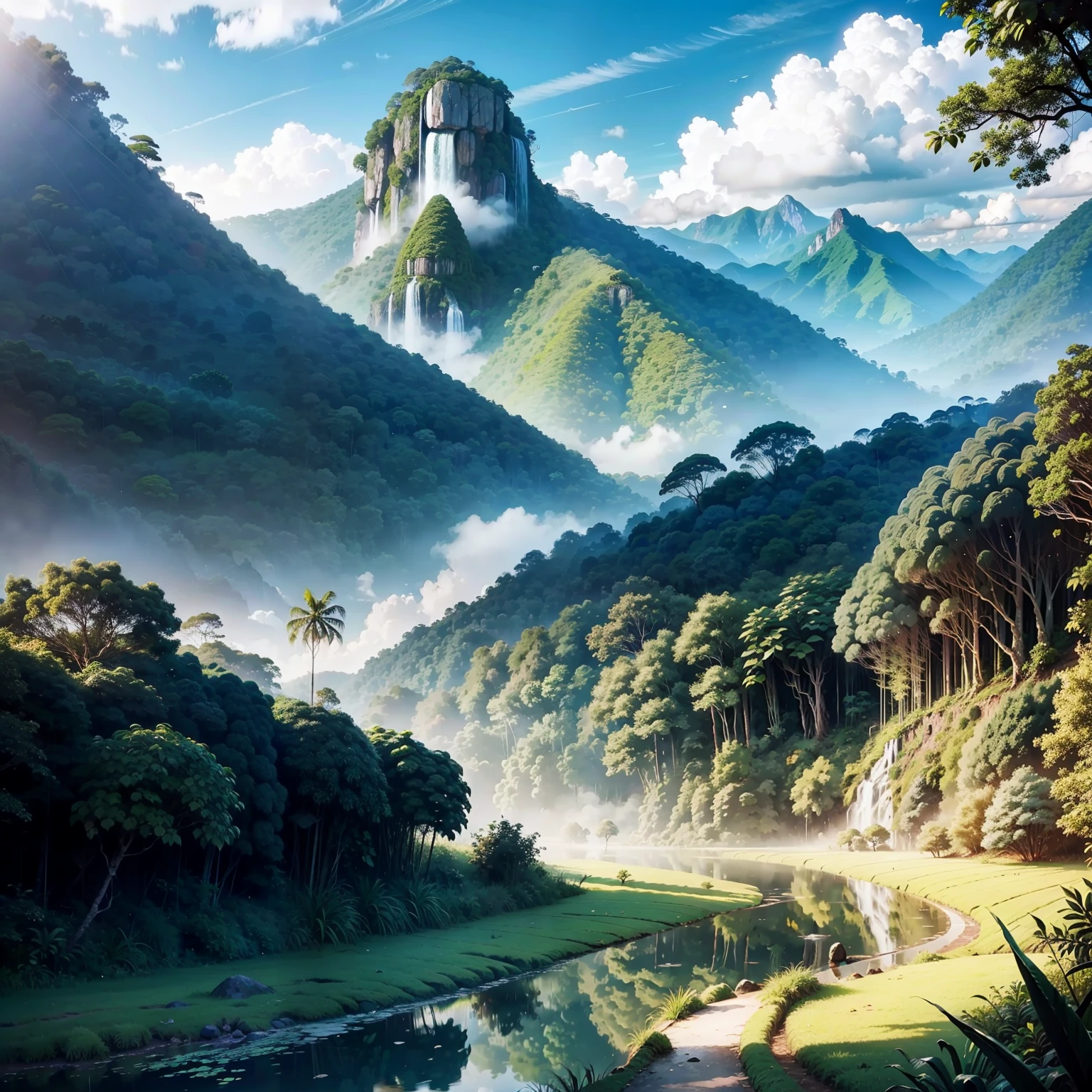 rainforests，rios，grass field，jungles，moutains