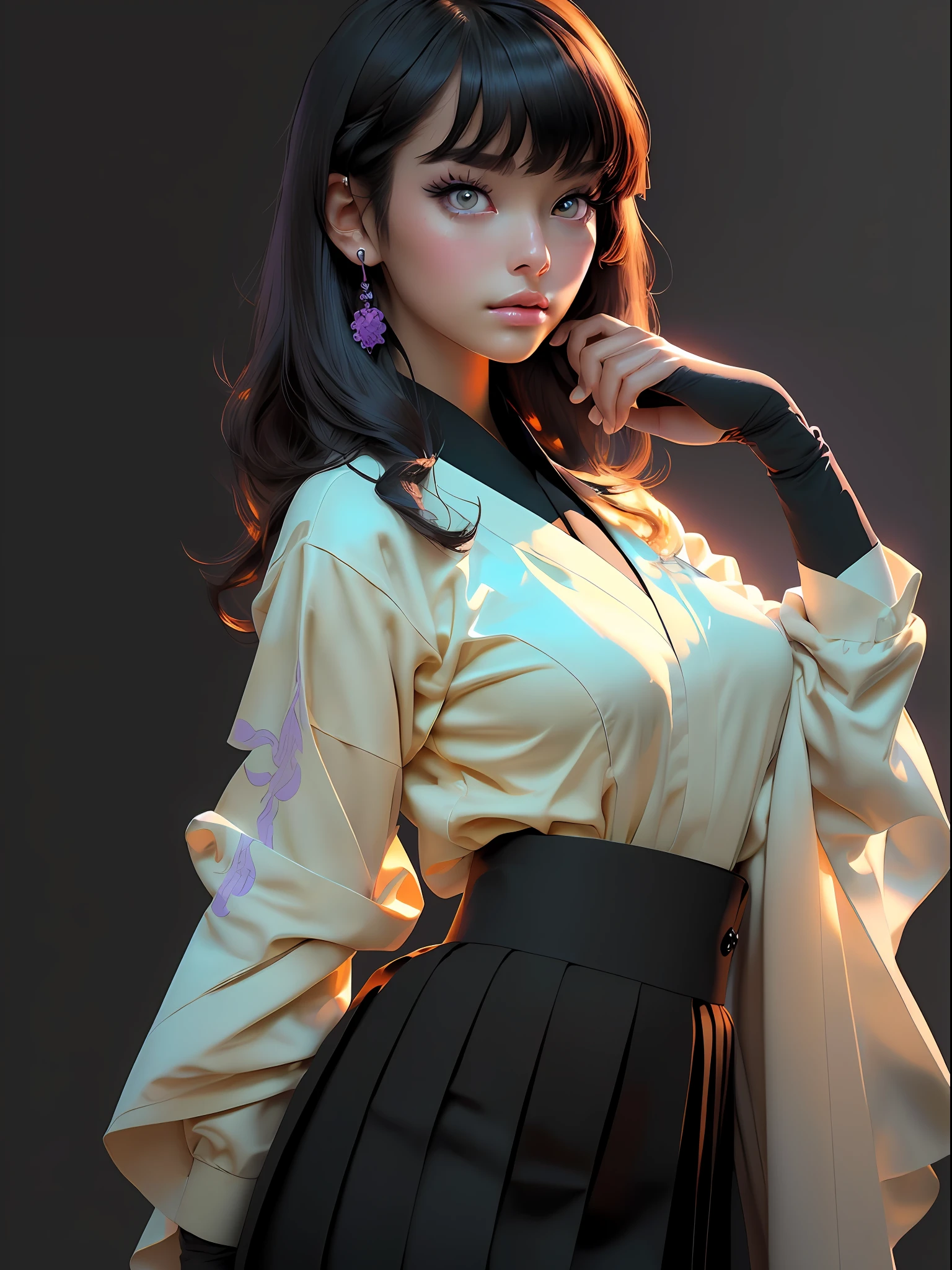 1girl,beautiful vintage color, instagram (photorealistic, high resolution:1.4), ((puffy eyes)), looking at viewer, , full body (8k, RAW photo, best quality, masterpiece:1.2), (realistic, photo-realistic:1.37),(sharp focus:1.2), professional lighting, photon mapping, radiosity, physically-based rendering, (pale skin:1.2),(small breasts:1.2), side angle ,eye contact (middle hair:1.5), portrait, purple eyes, (black hair:1.1),bangs, (simple background:1.4), solo, upper body, realistic,(masterpiece:1.4),(best quality:1.4),(shiny skin),fashi-girl,makeup, ,(standing,black Japanese School uniform,Necromancer:1.1),medium bust,sexy pose ,solo