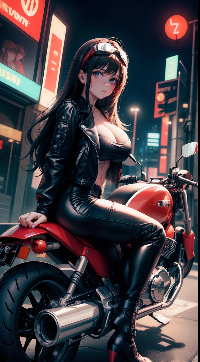 ((((sit on motorbike)))), (((red motorbike))), girl with, de pele branca, cleavage, V-Neck, huge tit, long hair, A dark-haired, floating hair, straight hair, (costume in black), (goggles on head), goggles, black Leather jacke, black Leather pants, troll, near future, natta, midnight, neon light, Neon color, Cyberpunk, street, In the street, looking at viewer, ((dynamic angle)), Surrealism, Conceptual art, Futurism, pov, best quality, high quality, highres, UHD, super detail, ccurate, anatomically correct, high details, retina, masterpiece, textured skin, award winning, 1080P, HD, 4K, 8k, 16k