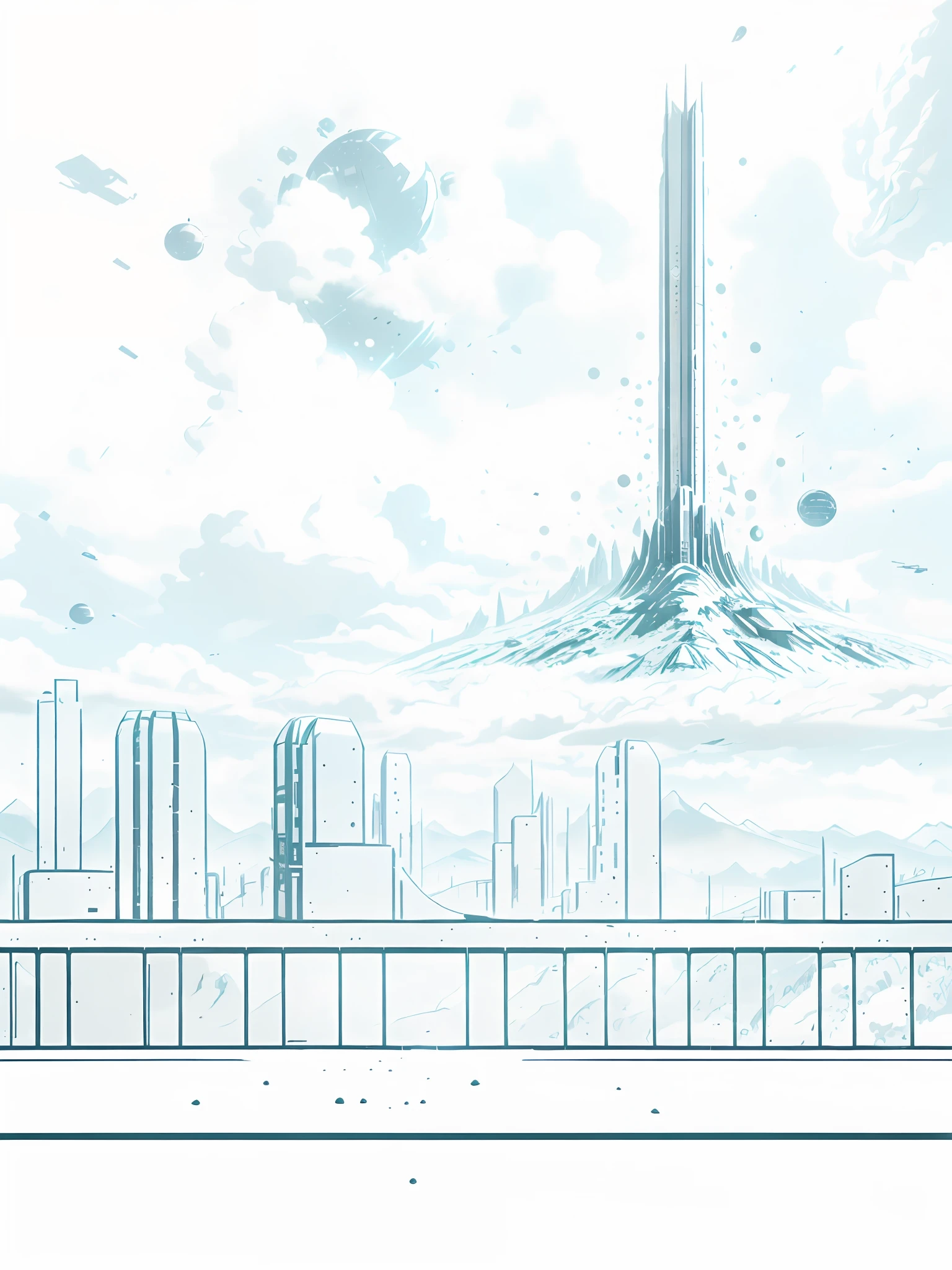 Futuristic city style,Celluloid style illustration,{A space elevator standing at the top of a mountain},{{Sky elevator}},Mountains of ruins,cyber punk perssonage,Wandering Earth style,Three-body film style,Thick dark clouds,The sun behind the dark clouds,Thick coating