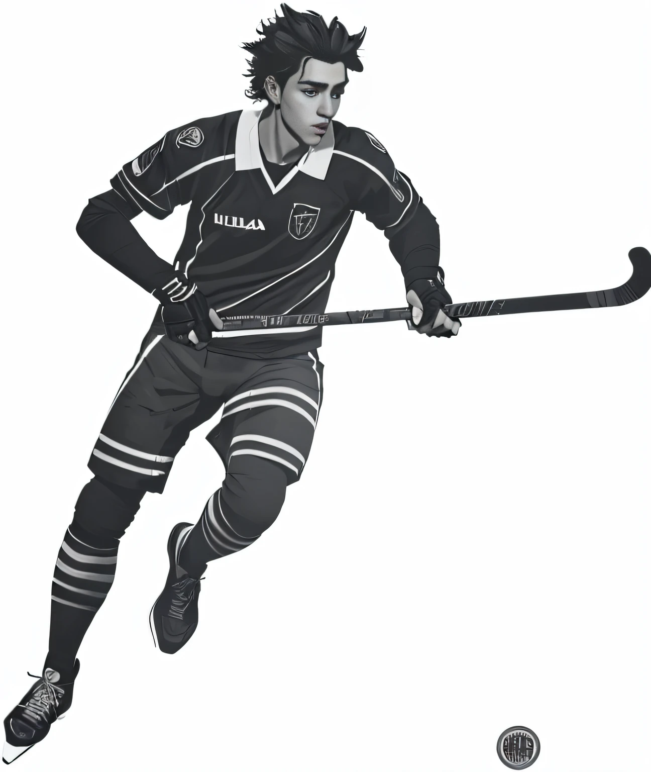 Una silueta en blanco y negro de un jugador de hockey con un palo de hockey sobre cesped, Jugador de hockey sobre cesped, HD Illustration, Line Art, bold line art, artistic depiction, linear illustration, Arte lineal intenso, Un solo palo de hockey sobre cesped, Silueta detallada, clean line art, sobre fondo blanco, artistic depiction, Siluetas delineadas, SVG illustration, illustration simple, full lenght shot, line drawing
