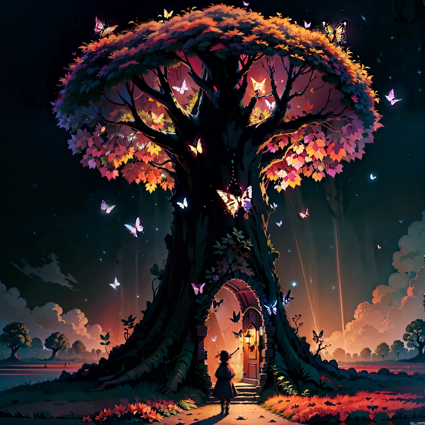 It's dark，Only butterflies are flying，tiny glowing butterflies，There is a giant glowing tree in the darkness，There is a small glowing door in the tree，The door has a butterfly wing pattern，The trees are full of red butterflies