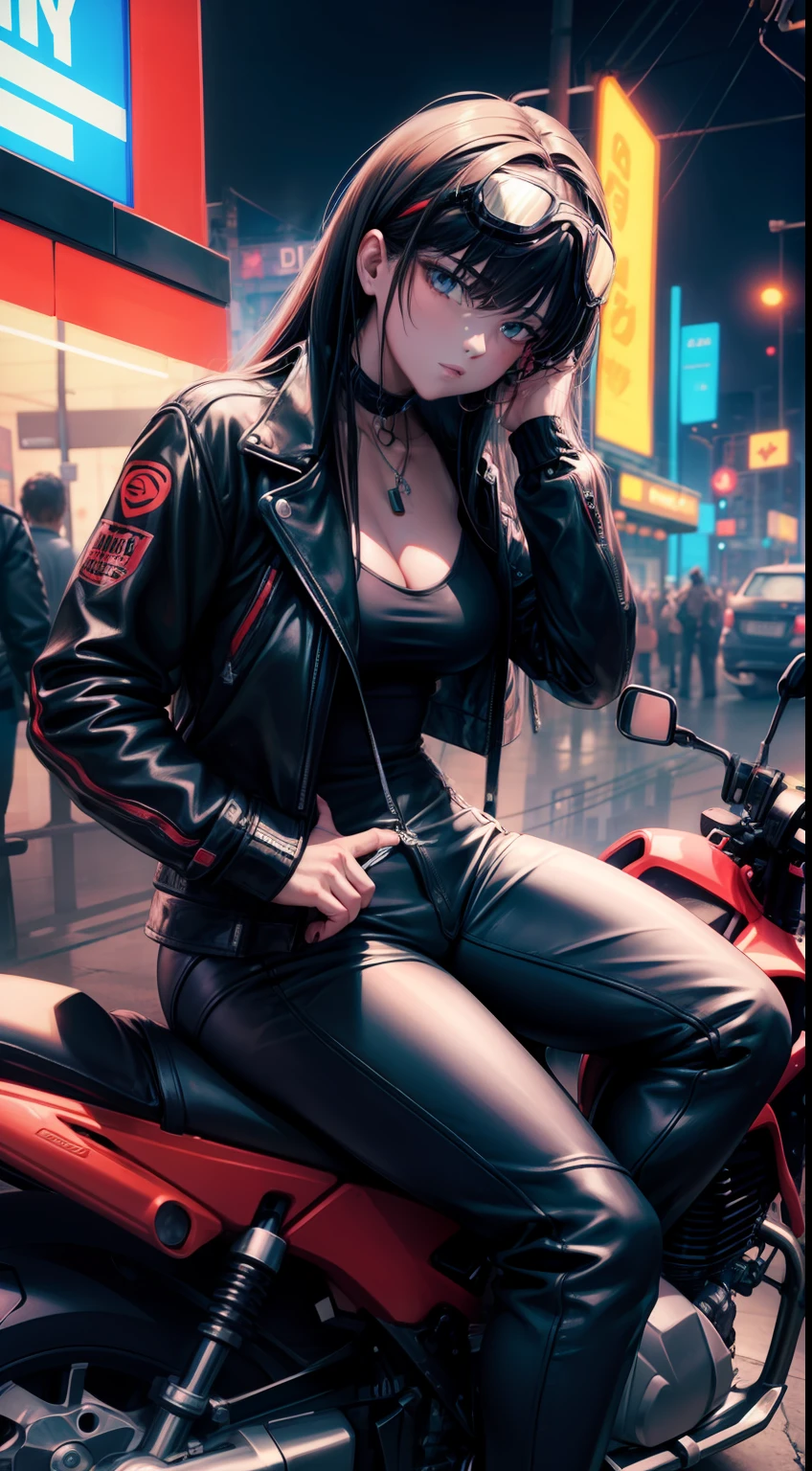 ((((
Lean on
motorbike)))), ((((sit on motorbike)))), (((red motorbike))), girl with, de pele branca, cleavage, V-Neck, huge tit, long hair, A dark-haired, floating hair, straight hair, (costume in black), (goggles on head), goggles, black Leather jacke, black Leather pants, troll, near future, natta, midnight, neon light, Neon color, Cyberpunk, street, In the street, looking at viewer, ((dynamic angle)), Surrealism, Conceptual art, Futurism, pov, best quality, high quality, highres, UHD, super detail, ccurate, anatomically correct, high details, retina, masterpiece, textured skin, award winning, 1080P, HD, 4K, 8k, 16k