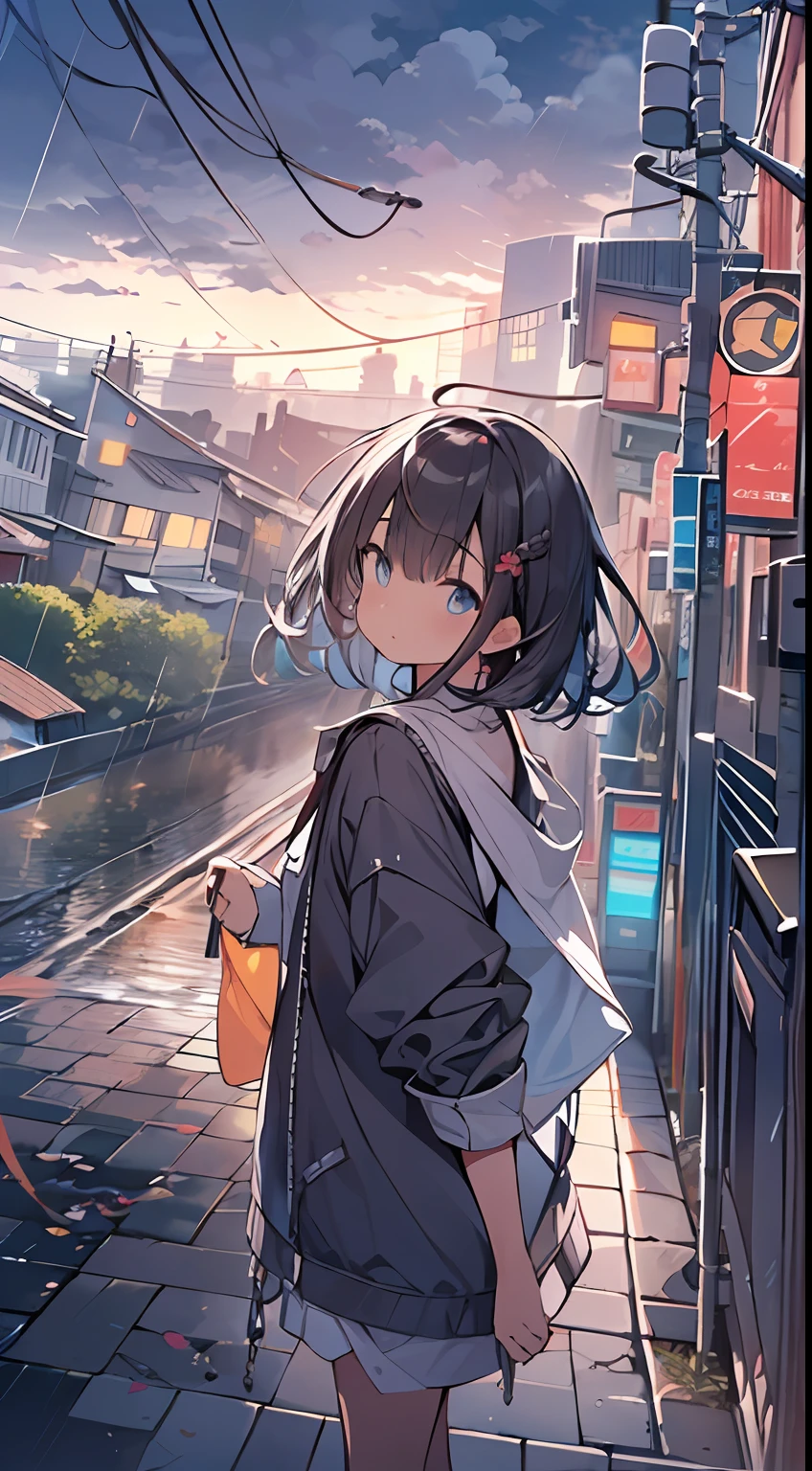 masutepiece, Best Quality,Illustration, Wallpaper, Ultra Detail, absurderes, 1girl in, Solo, (Medium short hair、short braided hair), Beautiful detailed eyes, after rain , (Street:1.3), Bright sky after rain、Hair that flutters in the wind、(very wide:1.3),(a panoramic view:1.3),(Sense of depth:1.5),(longshot:1.3),(Magnificent),((Small character illustration focusing on the background))