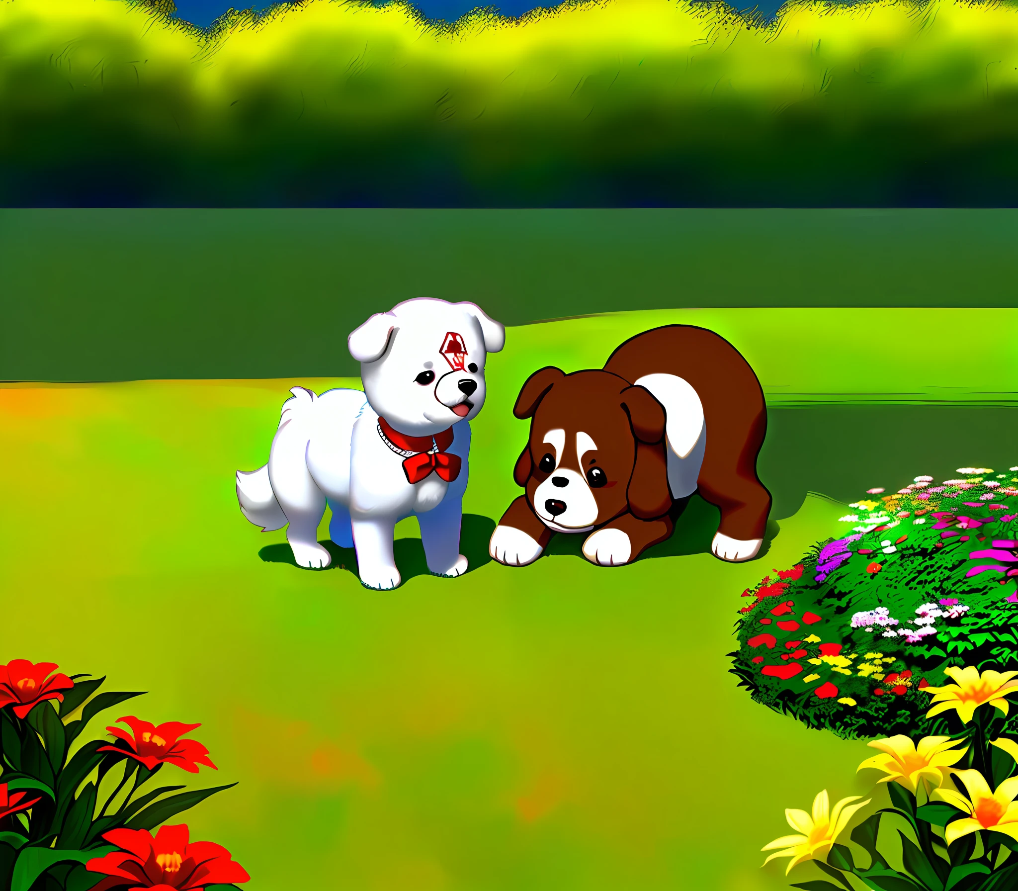 A little boy and a brown-red teddy dog，A white Bichon dog，There is also a kachi-colored teddy bear dog who carefree playing in the lawn flowers
