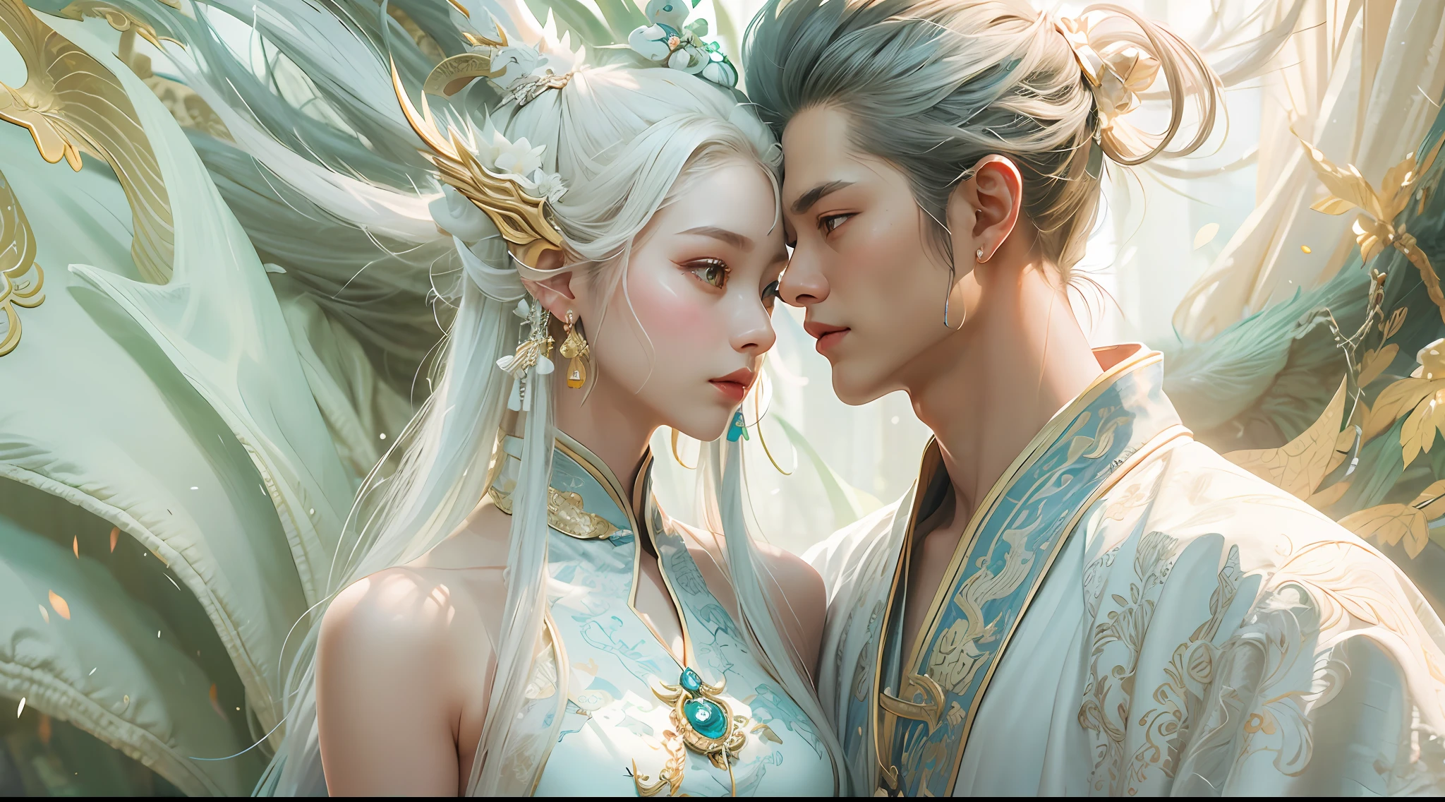 Close-up of a young couple wearing a white dragon dress on their heads,Chinese fantasy,beautiful digital artworks,Ross Tran 8 K,xianxia fantasy,Fenghua Bell,Chinese style,Dragon-inspired cloth robe,Ross Tran和Wlop,