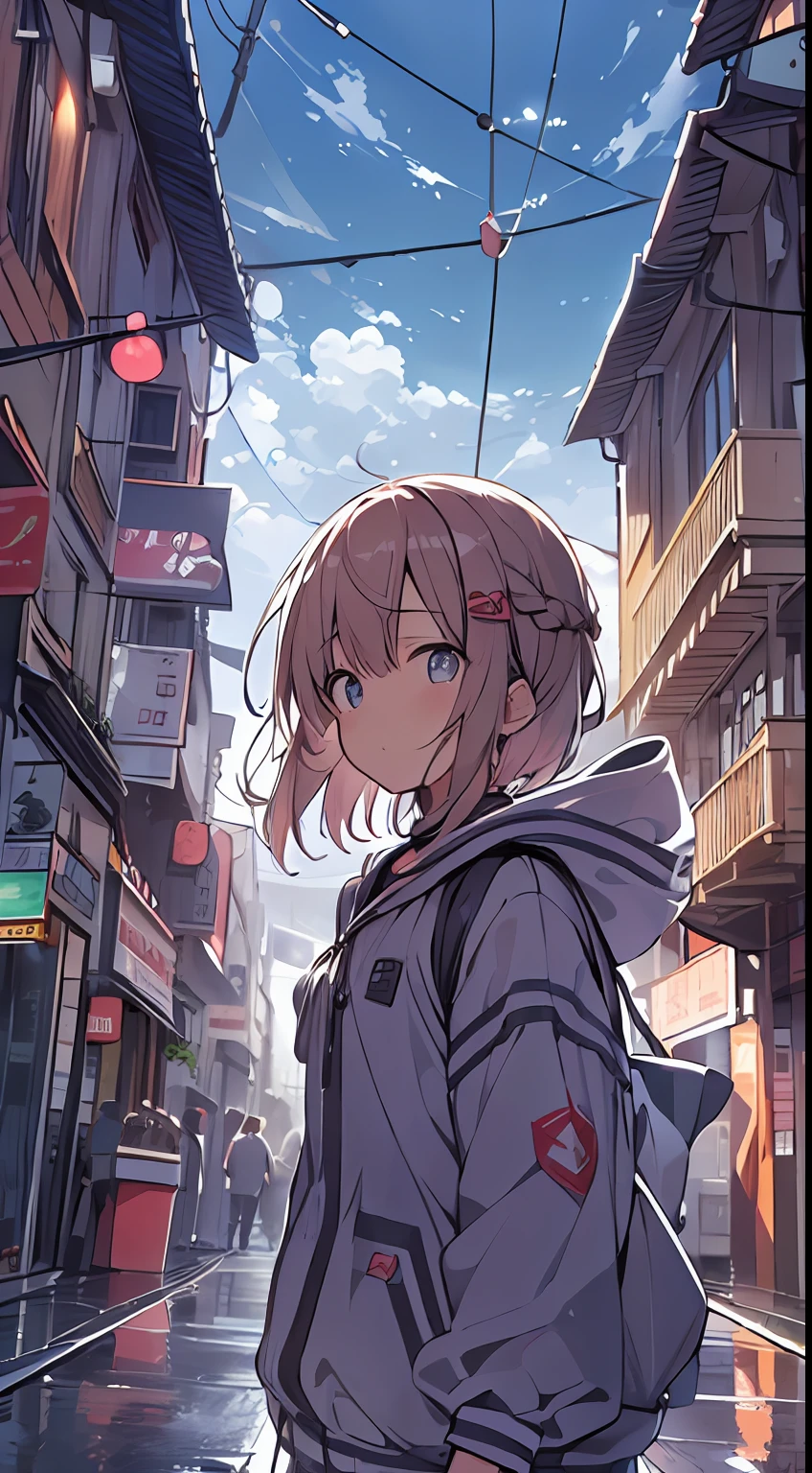 masutepiece, Best Quality,Illustration, Wallpaper, Ultra Detail, absurderes, 1girl in, Solo, (Medium short hair、short braided hair), Beautiful detailed eyes, after rain , (Street:1.3), Bright sky after rain、Hair that flutters in the wind、(very wide:1.3),(a panoramic view:1.3),(Sense of depth:1.5),(longshot:1.3),((Small character illustration focusing on the background))