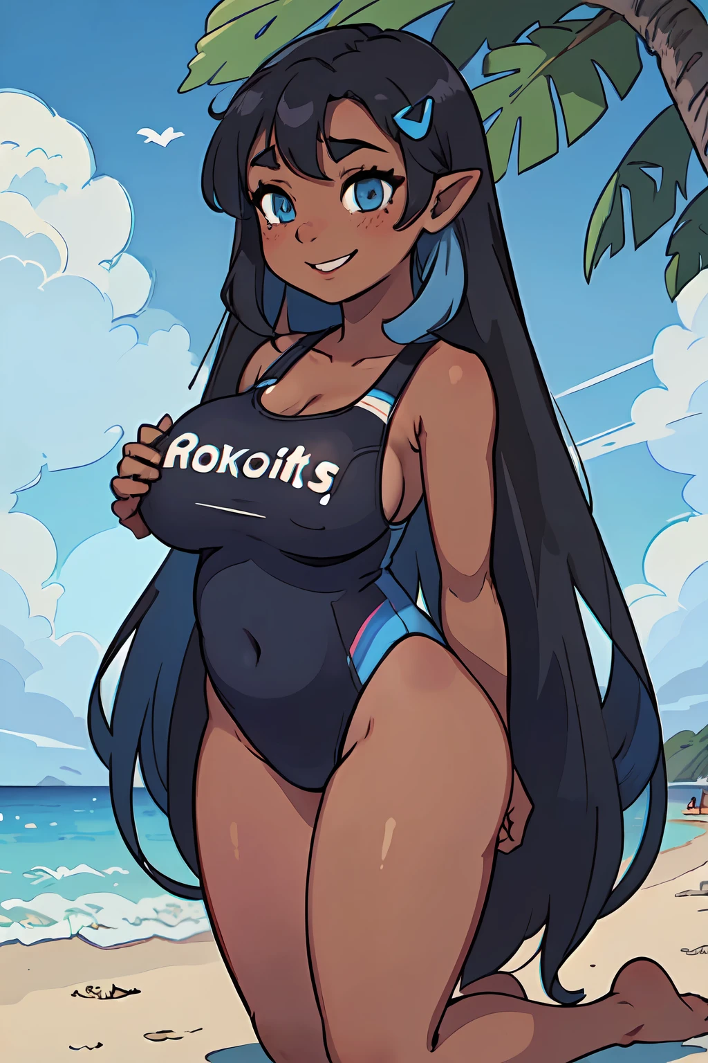1girl, (dark skinned:1.7), goblin girl, blue hair, very long hair, multicolored hair, wide body, (small stature:1.5), (huge breast:1.6), hair between eyes, twintails, wide hips, blue eyes, mole, mole on chest, age up, lips, big lips,noise, big noise, thick eyebrows, twintails, (chubby:1.5), smile, freckles, swimsuit, school swimsuit, beach, hairclip, bare shoulders, black one-piece swimsuit, blue sky, shiny, kneeling,