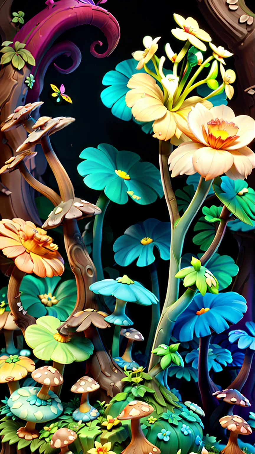 Mushroom forest，butterflys，lotuses，four-leaf clover，Cyber Mushroom Forest，Ultra-detailed digital fantasy art。Mushrooms are everywhere in the picture，The unique mushroom shape creates a magical casa scene