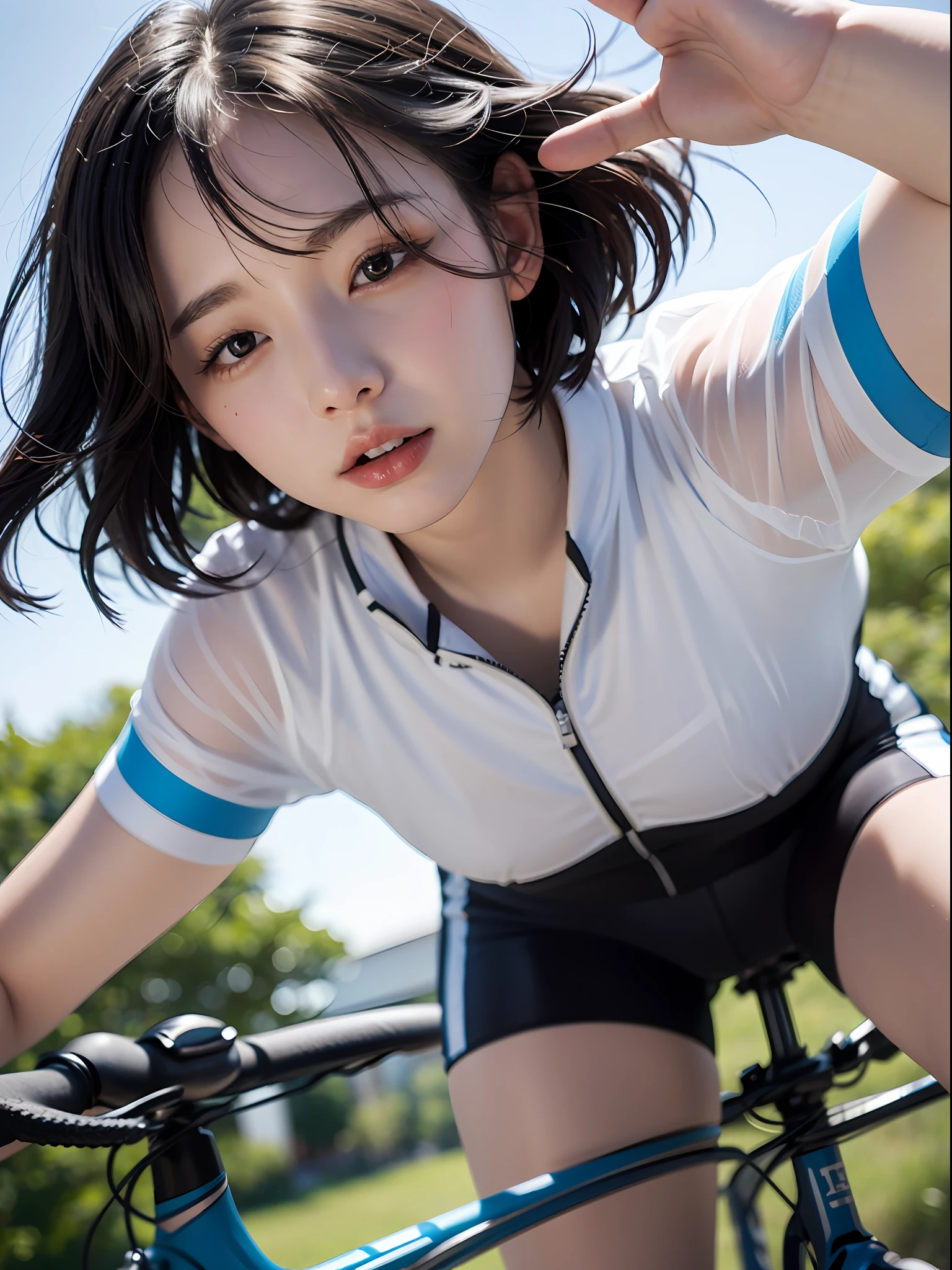 8K、Top image quality、masterpiece、18year old、femele、short-hair、Cycling Clothing、The chest is open、Angle from below、(Close one eye:1.5)、blue-sky、Ride a bike and feel the wind、Expressing the speed and dynamism of a bicycle、a closeup