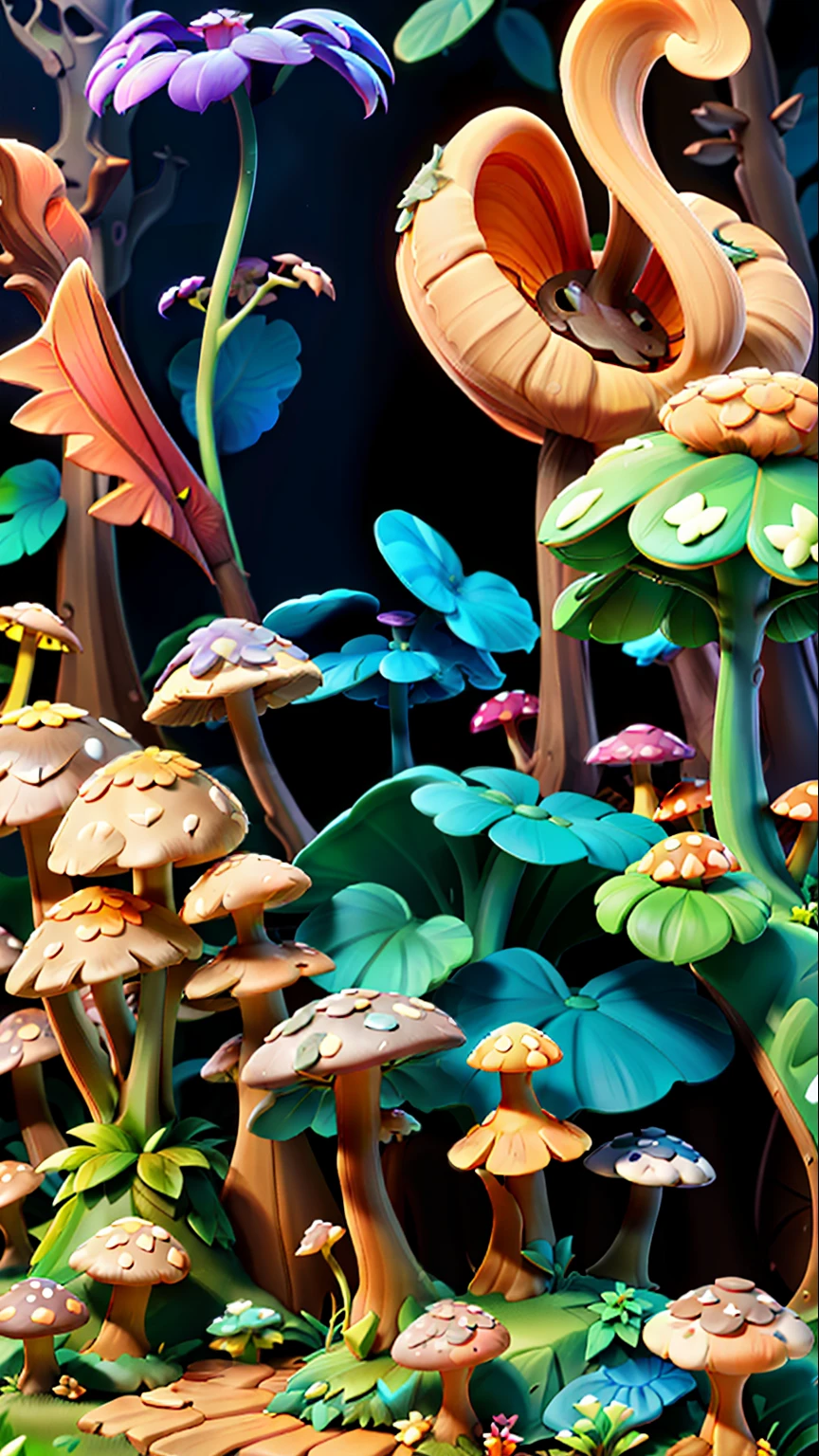 Mushroom forest,butterflys,lotuses,four-leaf clover,Cyber Mushroom Forest,Ultra-detailed digital fantasy art。Mushrooms are everywhere in the picture,The unique mushroom shape creates a magical casa scene