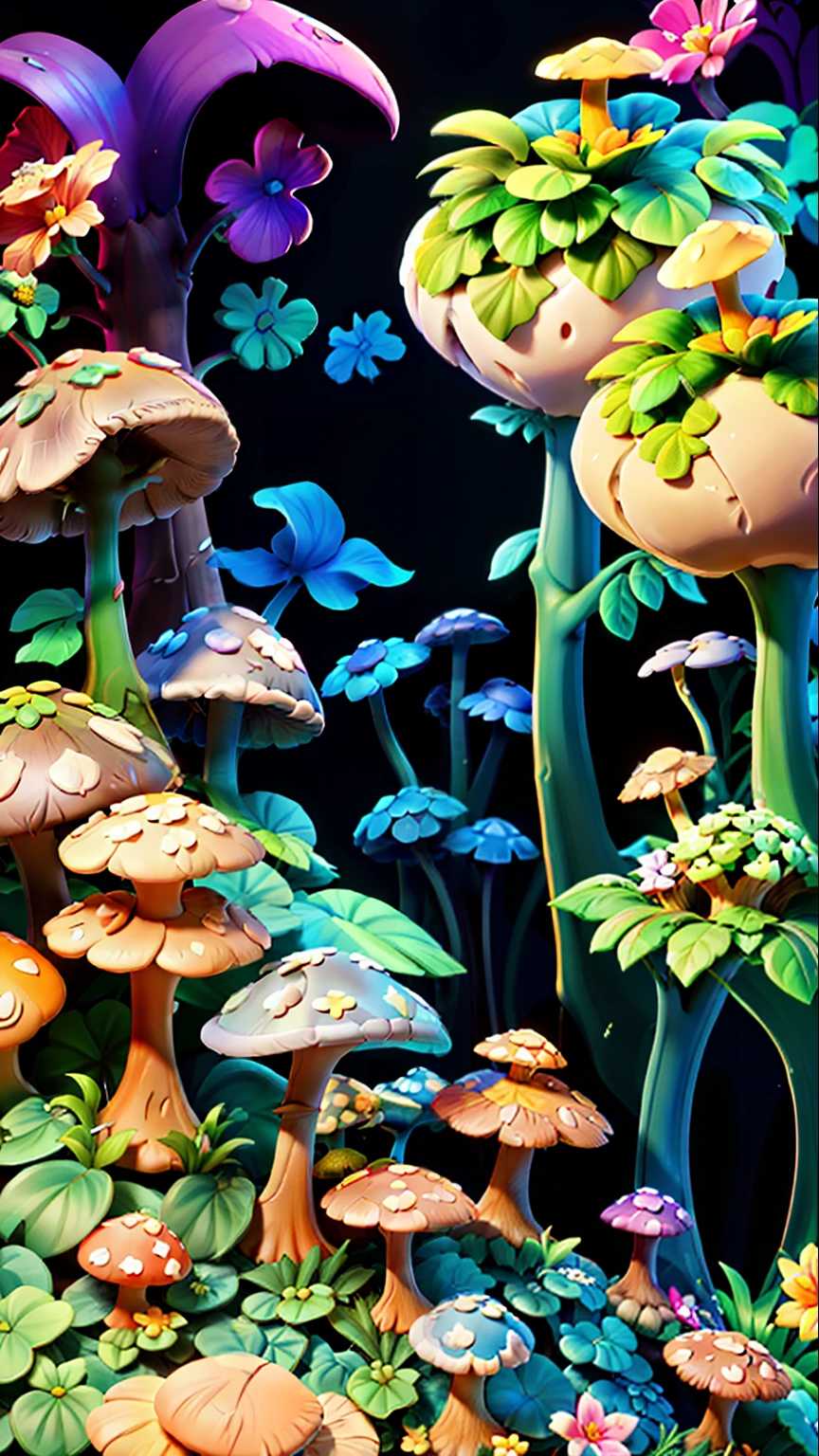 Mushroom forest,butterflys,lotuses,four-leaf clover,Cyber Mushroom Forest,Ultra-detailed digital fantasy art。Mushrooms are everywhere in the picture,The unique mushroom shape creates a magical casa scene