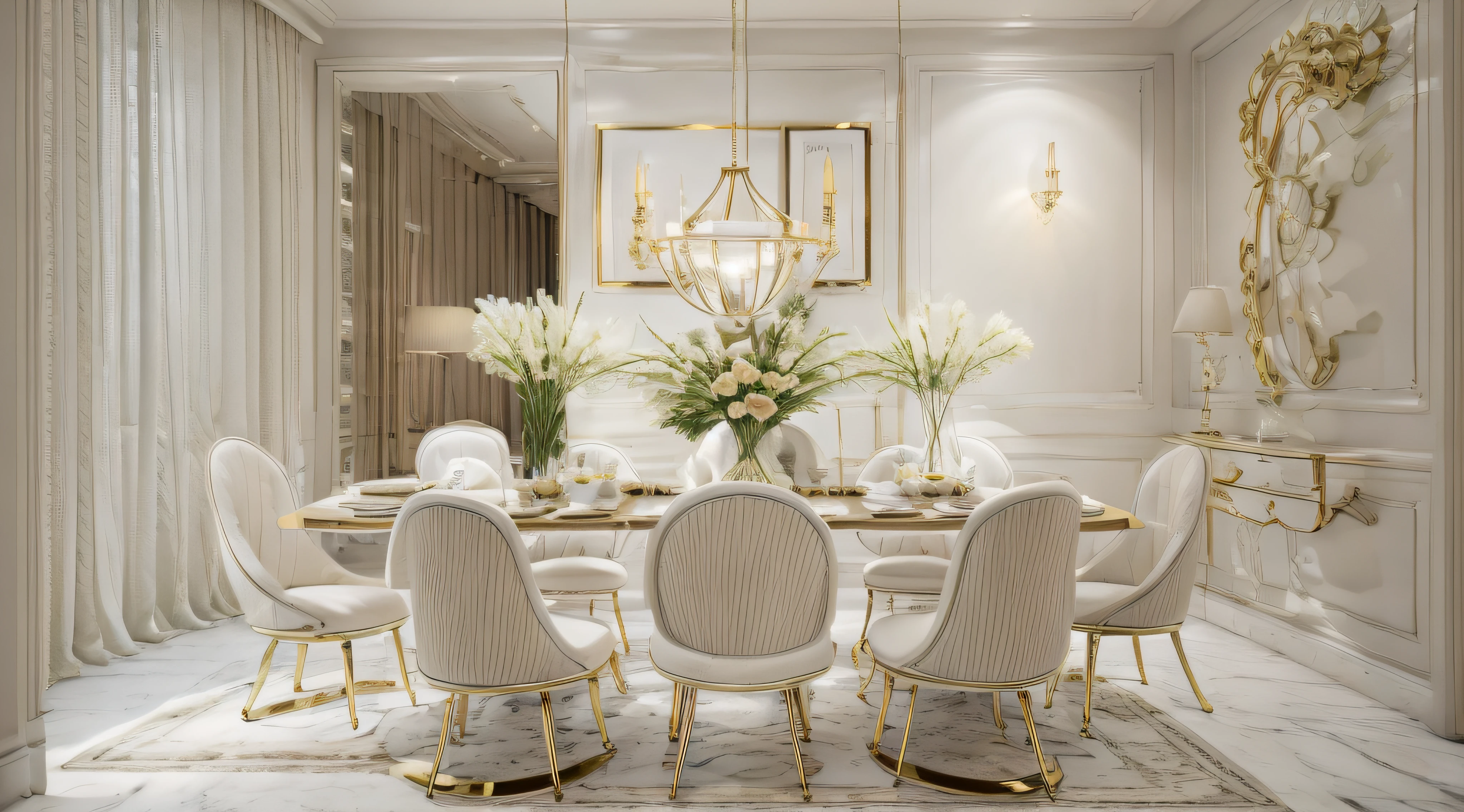 minimal style,dining room,White dining table,White dining chair,Golden chandelier,Warm lighting,carpets,tmasterpiece,A high resolution,8k