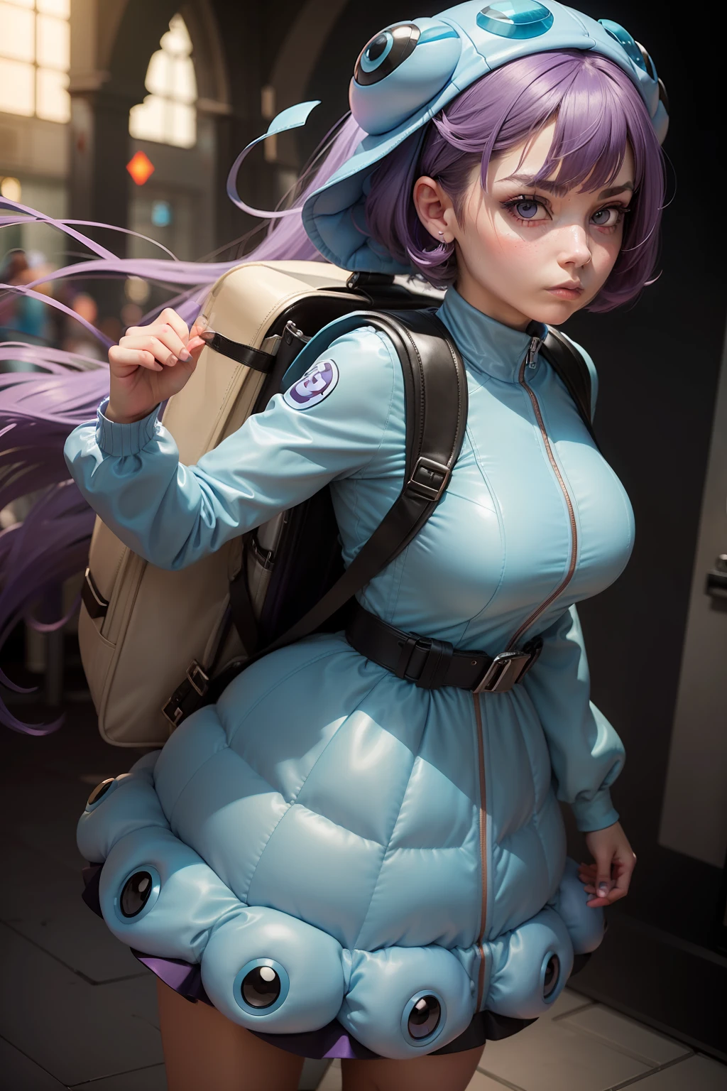Blastoise as female , ( female : 51yo, blue dress, Tortoise Cosplay, tortoiseshell armor, two water canons, purple hair, muscular, squating, screaming ), full body, panoramic, dynamic pose, Pokemon style