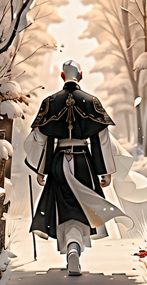 The back of the head of the bald head,White long-distance running,Back shadow,cane in hand,White long-distance running,white hanfu,Pure white clothes,a cassock,Wearing a cassock,bald-headed,