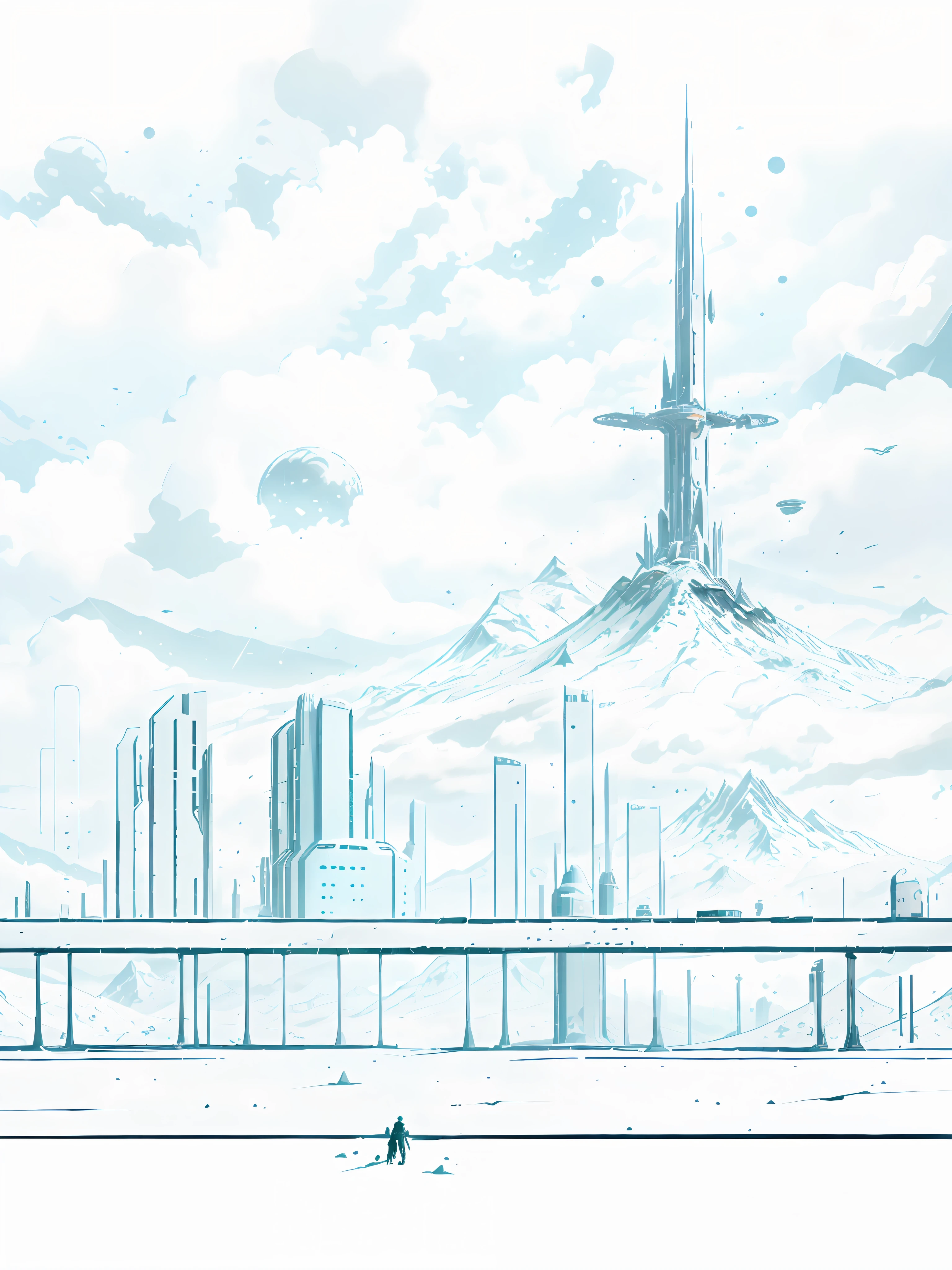 Futuristic city style，Celluloid style illustration，{A space elevator standing at the top of a mountain}，{{Sky elevator}}，Mountains of ruins，cyber punk perssonage，Wandering Earth style，Three-body film style，Thick dark clouds，The sun behind the dark clouds，Thick coating