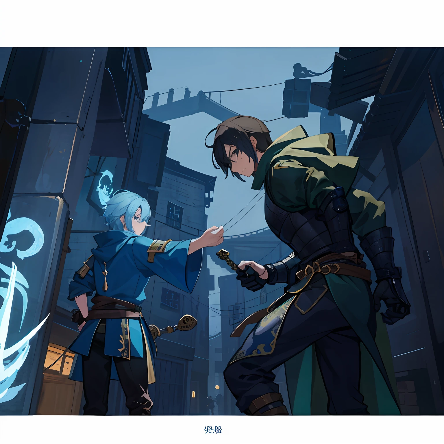 Two people trading in a late night alley。The man on the left is a thief,Give the stolen to the person on the right。medieval times,Game illustration style,D&D Art style