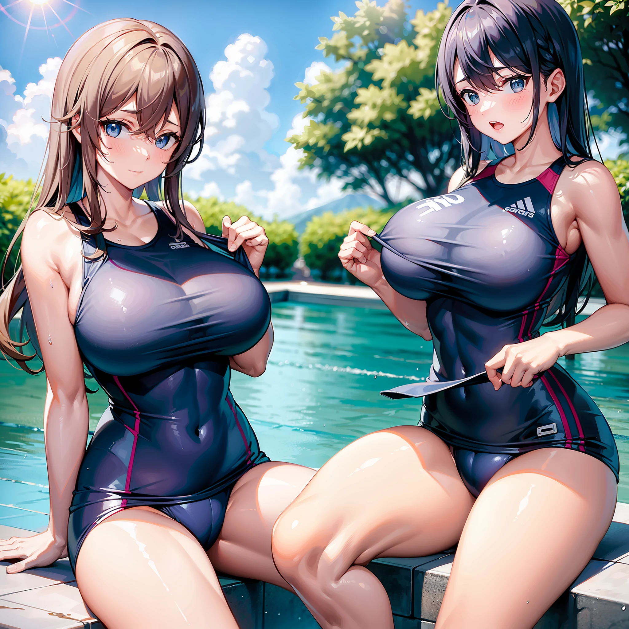 2girls,Extremely large breasts,Get wet,bike shorts,Sleeveless competitive swimsuit