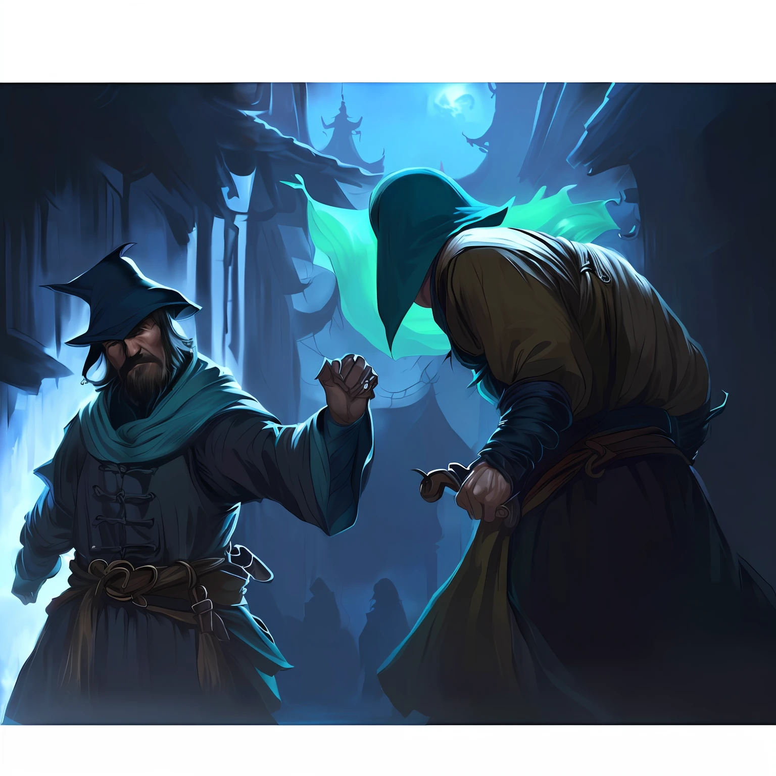 Two people trading in a late night alley。The man on the left is a thief,Give the stolen to the person on the right。medieval times,Magical world,D&D Art style