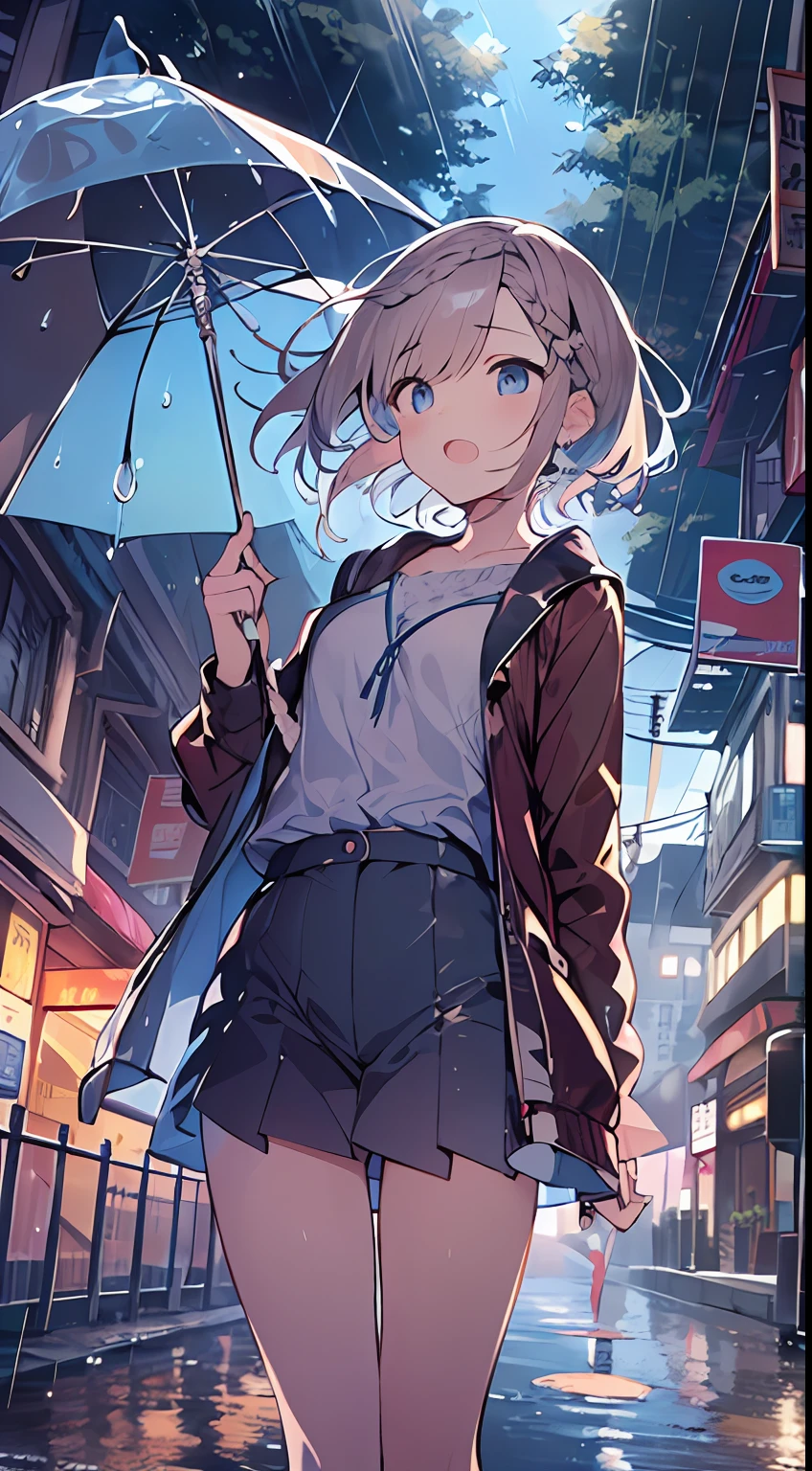 masutepiece, Best Quality,Illustration, Wallpaper, Ultra Detail, absurderes, 1girl in, Solo, (Medium short hair、short braided hair), Beautiful detailed eyes, after rain , (Street:1.3), Bright sky after rain、Hair that flutters in the wind、look up sky