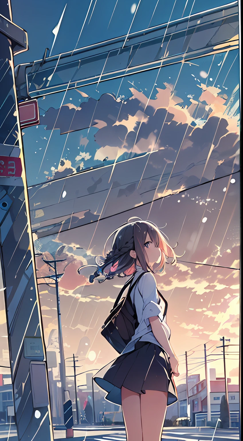 masutepiece, Best Quality,Illustration, Wallpaper, Ultra Detail, absurderes, 1girl in, Solo, (Medium short hair、short braided hair), Beautiful detailed eyes, after rain , (Street:1.3), Bright sky after rain、Hair that flutters in the wind、look up sky