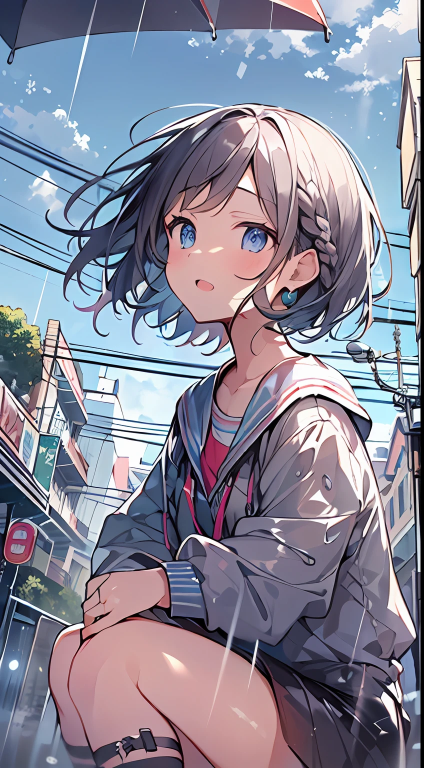 masutepiece, Best Quality,Illustration, Wallpaper, Ultra Detail, absurderes, 1girl in, Solo, (Medium short hair、short braided hair), Beautiful detailed eyes, after rain , (Street:1.3), Bright sky after rain、Hair that flutters in the wind、look up sky
