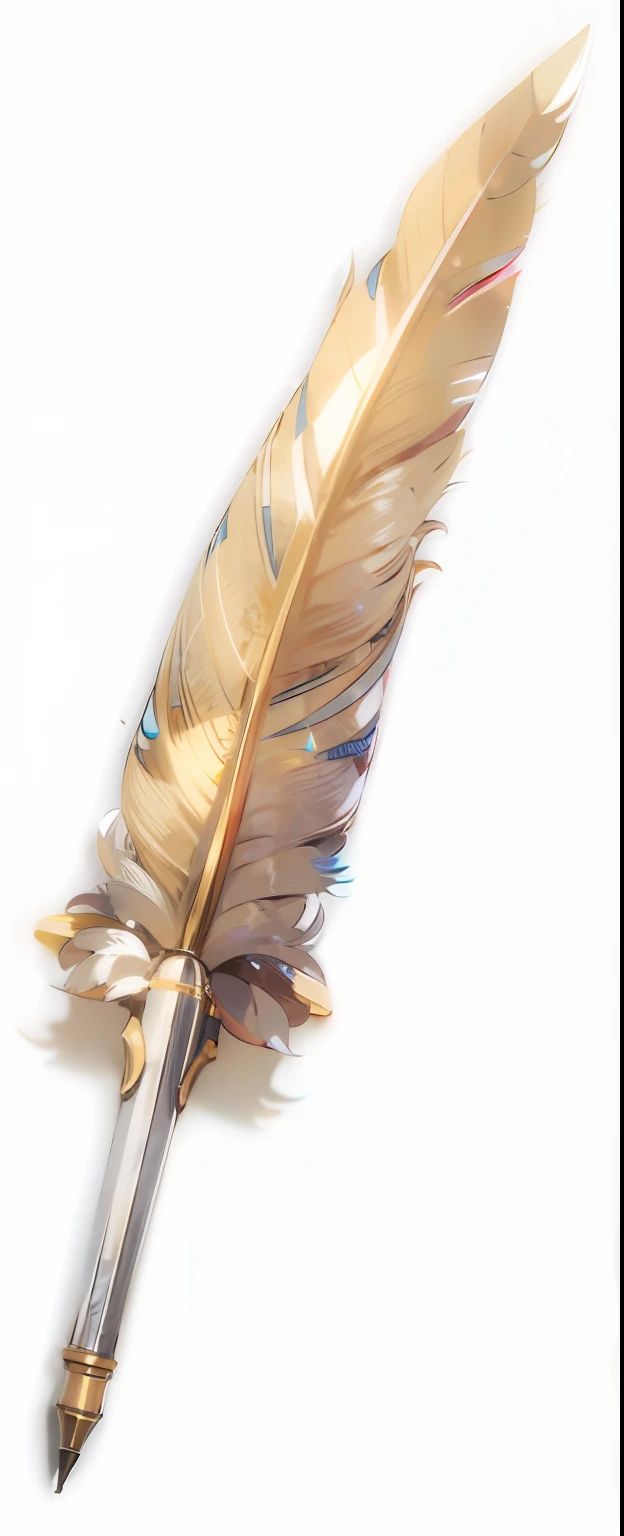 feather quill，Retro，feater，Plush texture，golden colored，white colors，Pen nib，Movie lighting，higher details，delicated