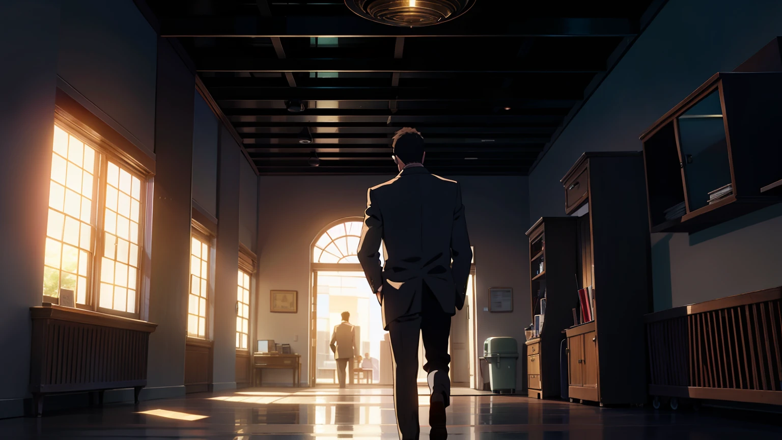 inside in room,A boy with short hair wears a suit,The back of greeting others