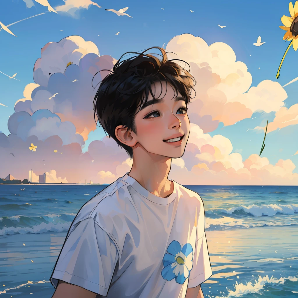 an Quority【short detailed hair】's【Boy student】,【with short black hair】,Wearing a white T-shirt,There is a small daisy print on the clothes,smiling and looking into the camera。The background is by the sea,with blue sky and white clouds。Please draw this scene in Miyazaki's style。