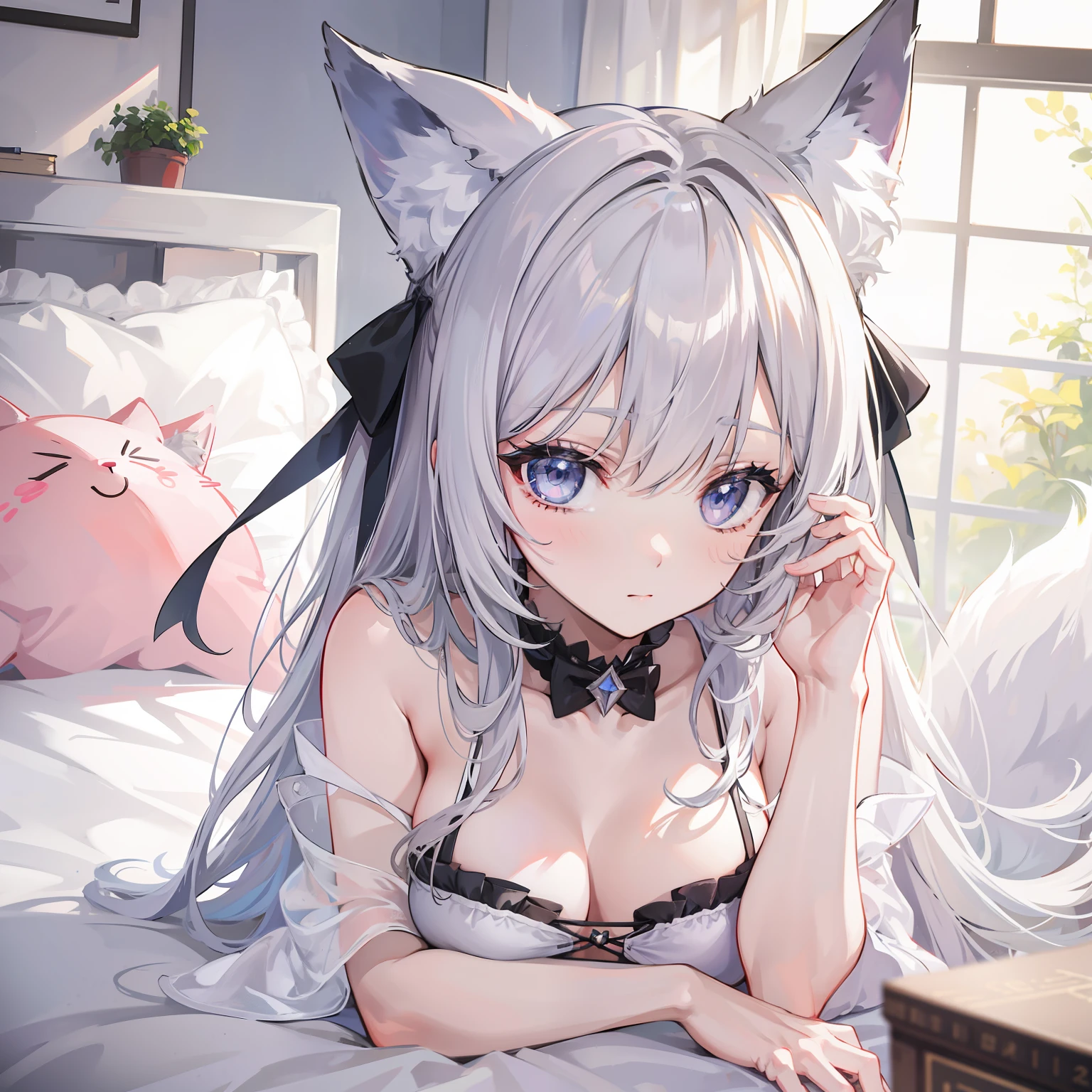 a pregirl,silber hair,Bedrooms,fox ear