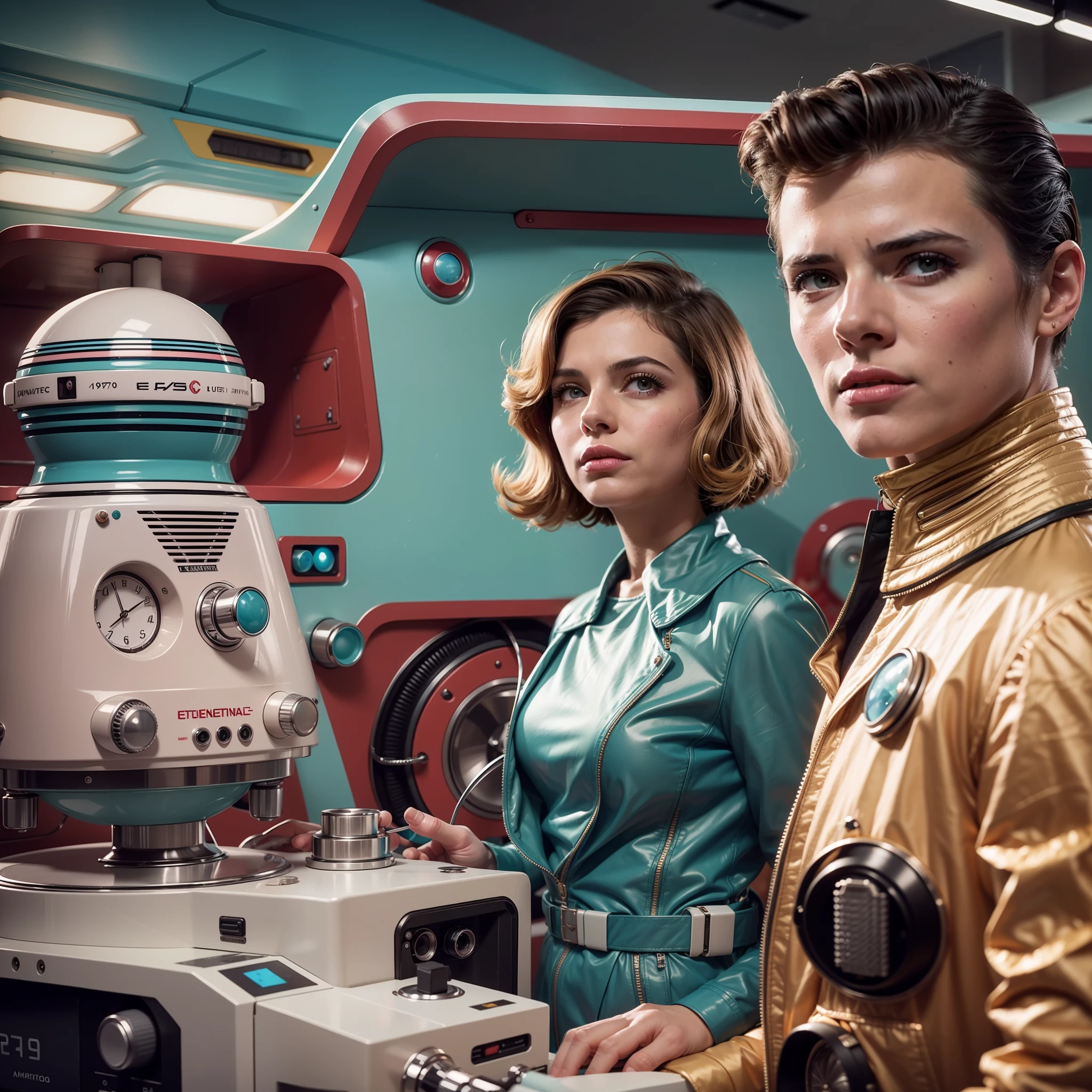 4k image from a 1970s science fiction film, imagem real, Estilo Wes Anderson, pastels colors, a woman and a man retro-futuristic fashion clothes and futuristic technological ornaments and devices, Luz Natural, cinemactic, Psicodelia, futurista estranho, retro-futurista,