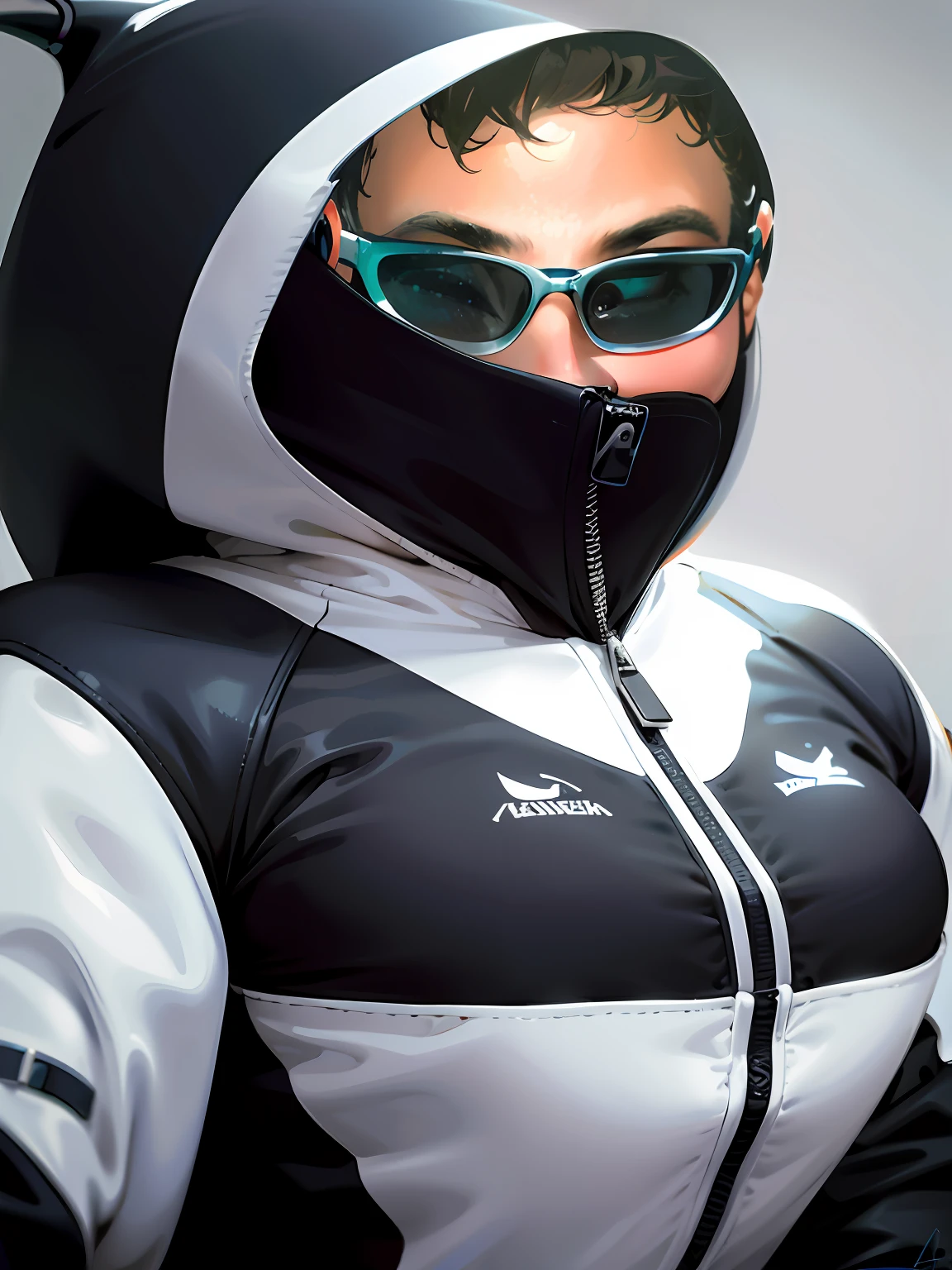 Jaqueta bombear, preto e branco, design de uma baleia orca, conceito baleia orca, com uma nadadeira igual a de uma orca na parte das costas da jaqueta, ultra realista, 8k