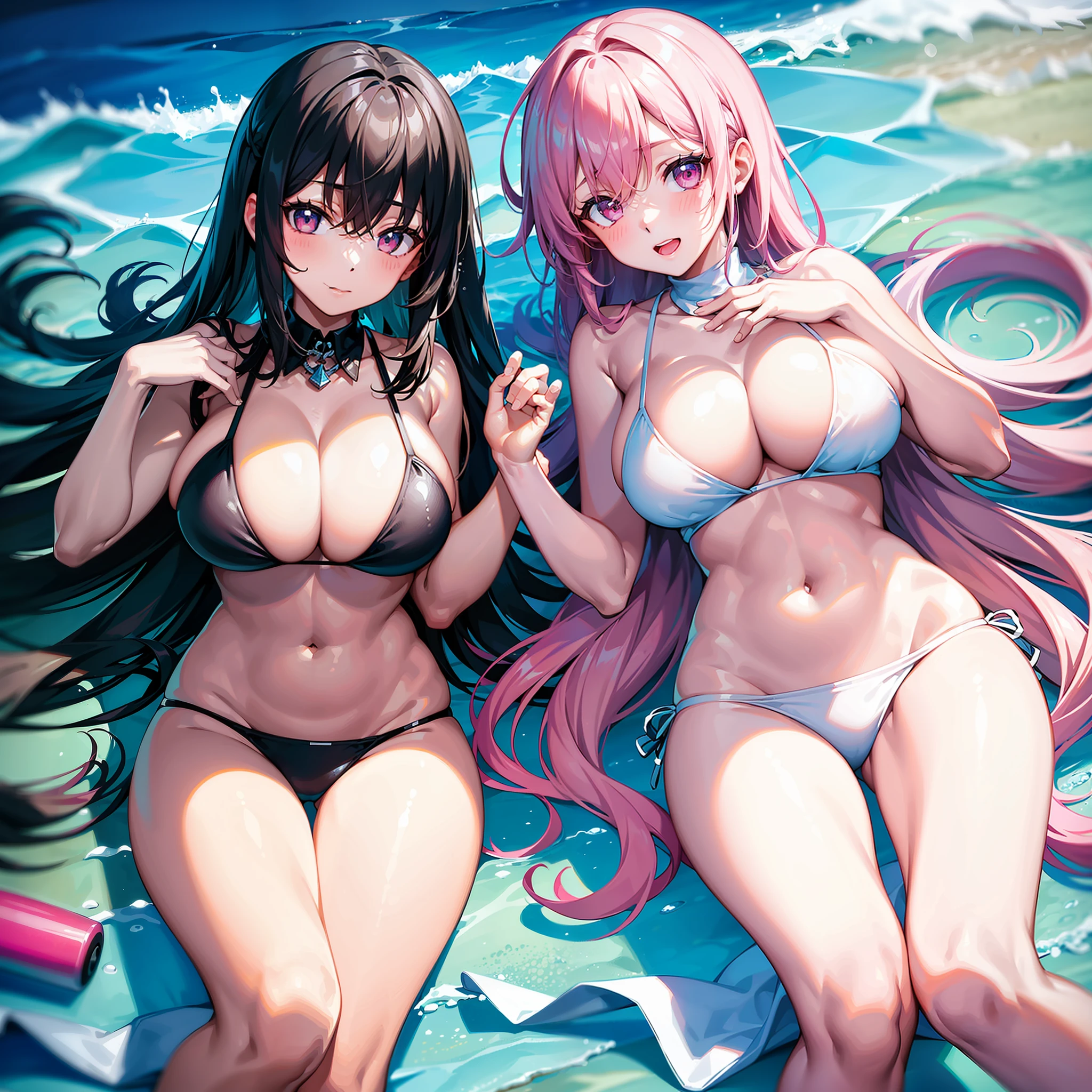 2girls,Get wet,It is covered with white slime,Black bikini,Extremely large breasts,on the beach,Best quality at best,swim ring,Pink eyes,There is love in the eyes,lying in water,Raised