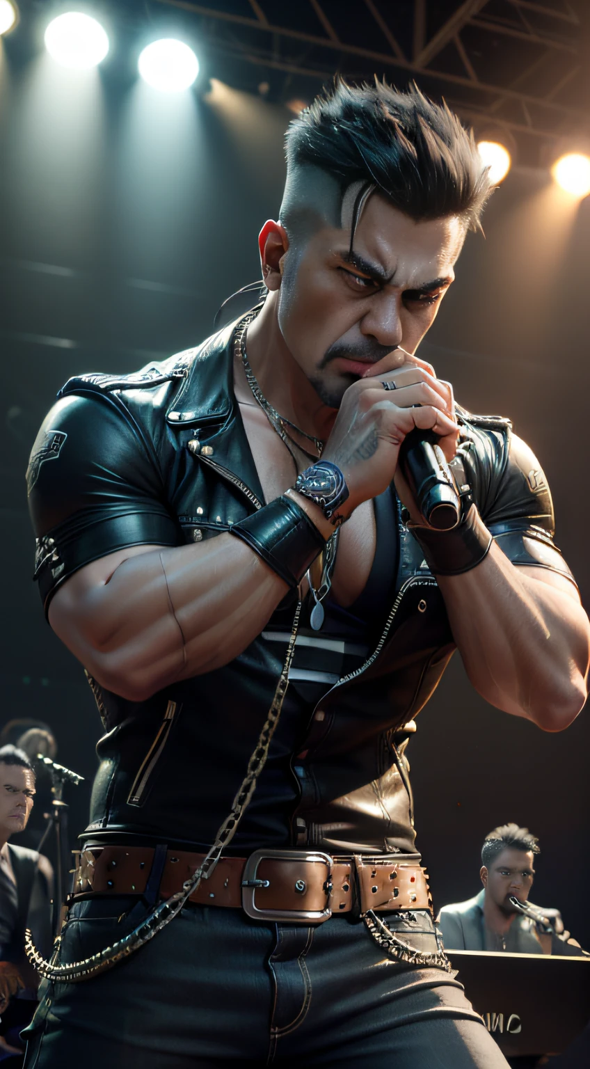 9:A scale of 16，Heavy metal music style，Metal music，Heavy metal music，Rock music，R&B，Concert，Image of Asian middle-aged male，Dark style，Death metal music，Hardcore metal music，, Natural skin texture, 24mm, 4K textures, Soft cinematic light, Adobe Lightroom, photolab, hdr, Intricate,  Highly detailed, Sharp focus, ((((Cinematic look)))), soothing tones, insanely details, Intricate details, ultra - detailed, Low contrast, Soft cinematic light, dim colors, exposure blend, hdr, Epic reality， cinematic ligh， dramatics， pastelcolor， medium， art  stations， Concert，Rock stars attract,studded leather jacket，Masterpiece, Best quality,Photo, Realistic, Sharp focus, extreme hight detail, light fixtures, The muscle man yells into the microphone on stage, lamp lights, Ratch speakers, Rock stars attract，posing on a,  Angry,with short black hair, Blonde, Leather Jean, belt, Chains, shoulder pad, Gorgeous rock style