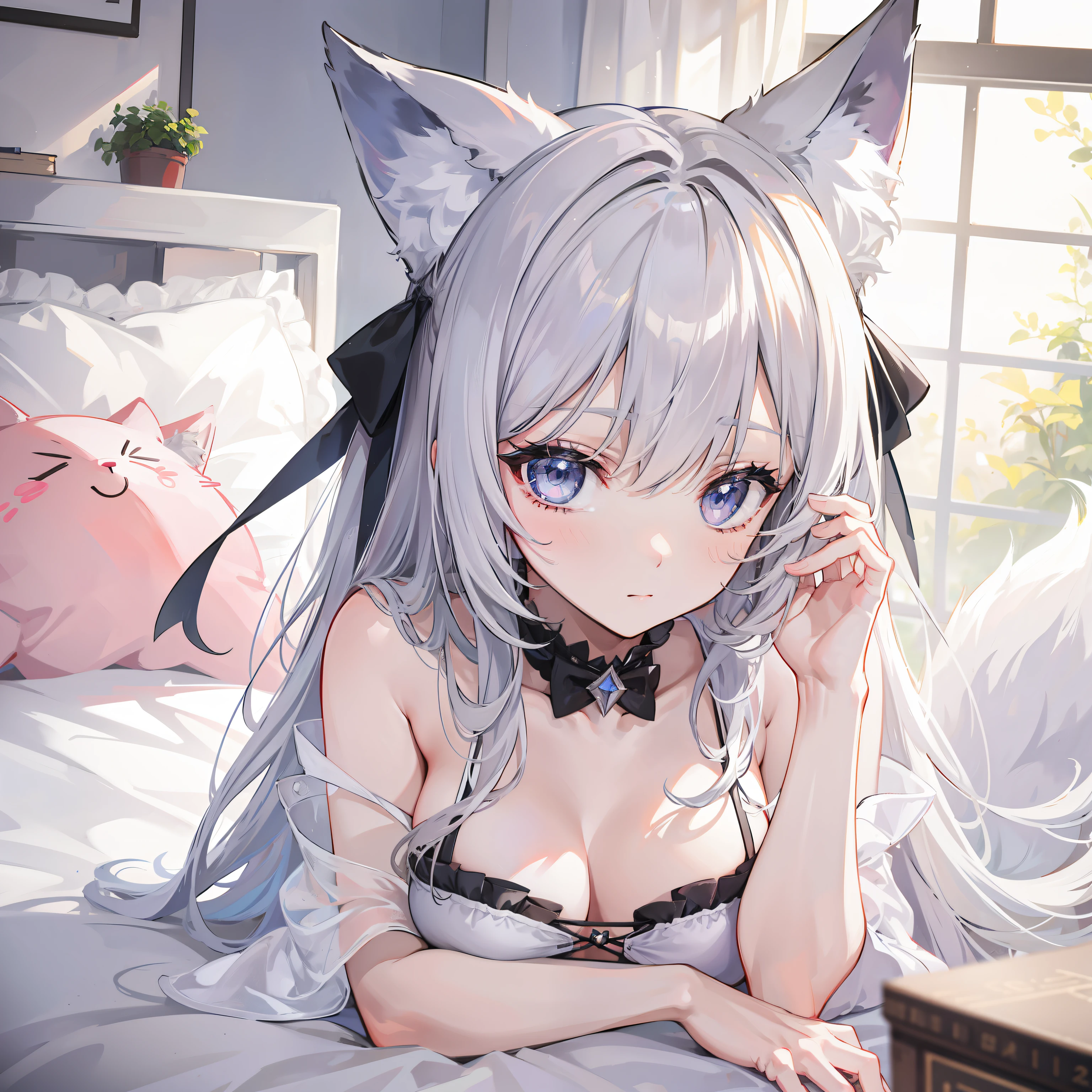 a pregirl，silber hair，Bedrooms，fox ear