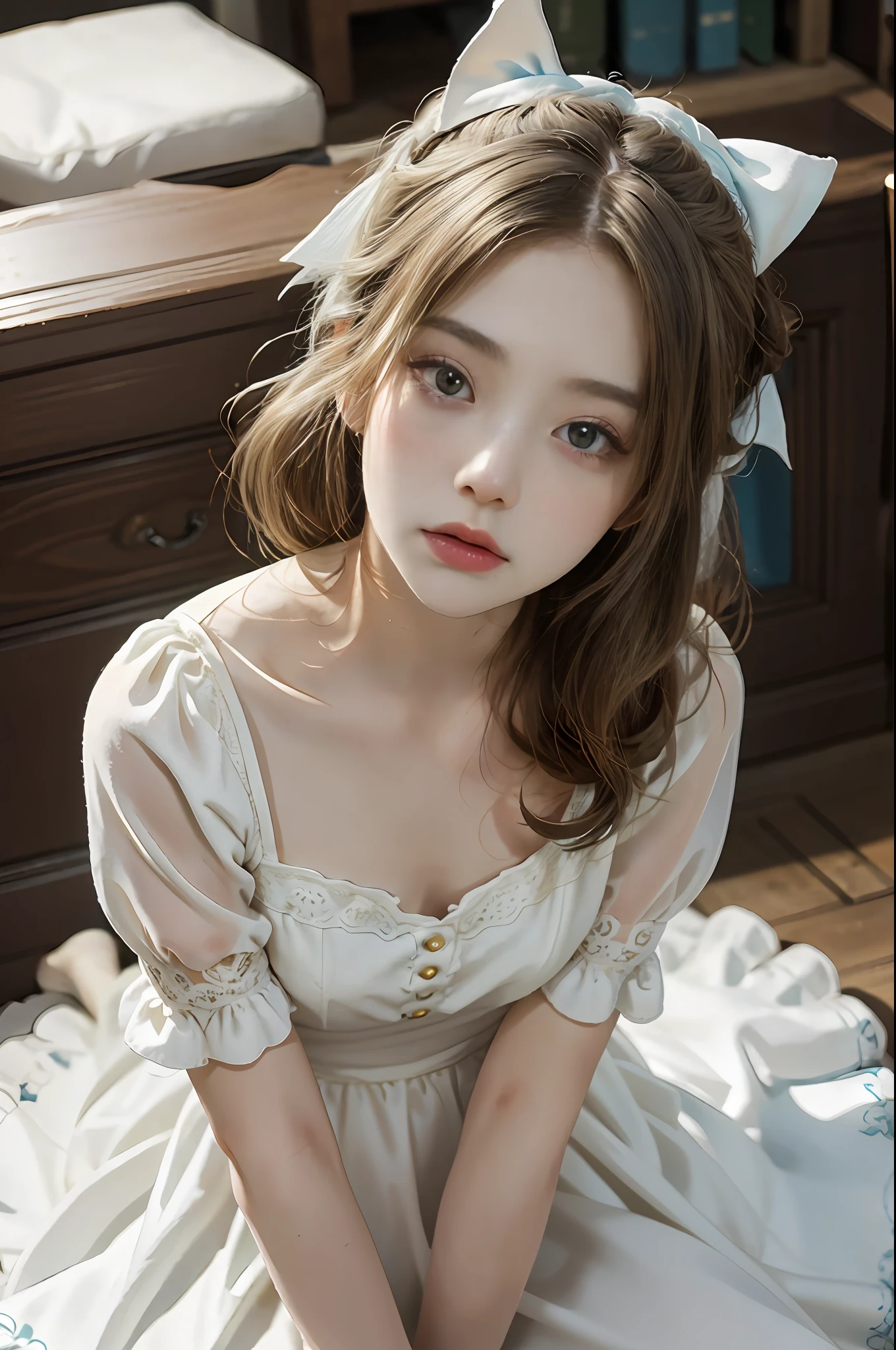 There was a girl sitting on the floor with a phone, **** in dress, cute anime waifu in a nice dress, pale young ghost girl, Cute dress, pale milky white porcelain skin, cute kawaii girls, White Cat Girl, white and pale blue toned, rococo ruffles dress, bowknot, small curvaceous ****, Kawaii style, white puffy outfit，leaning-forward，in a panoramic view