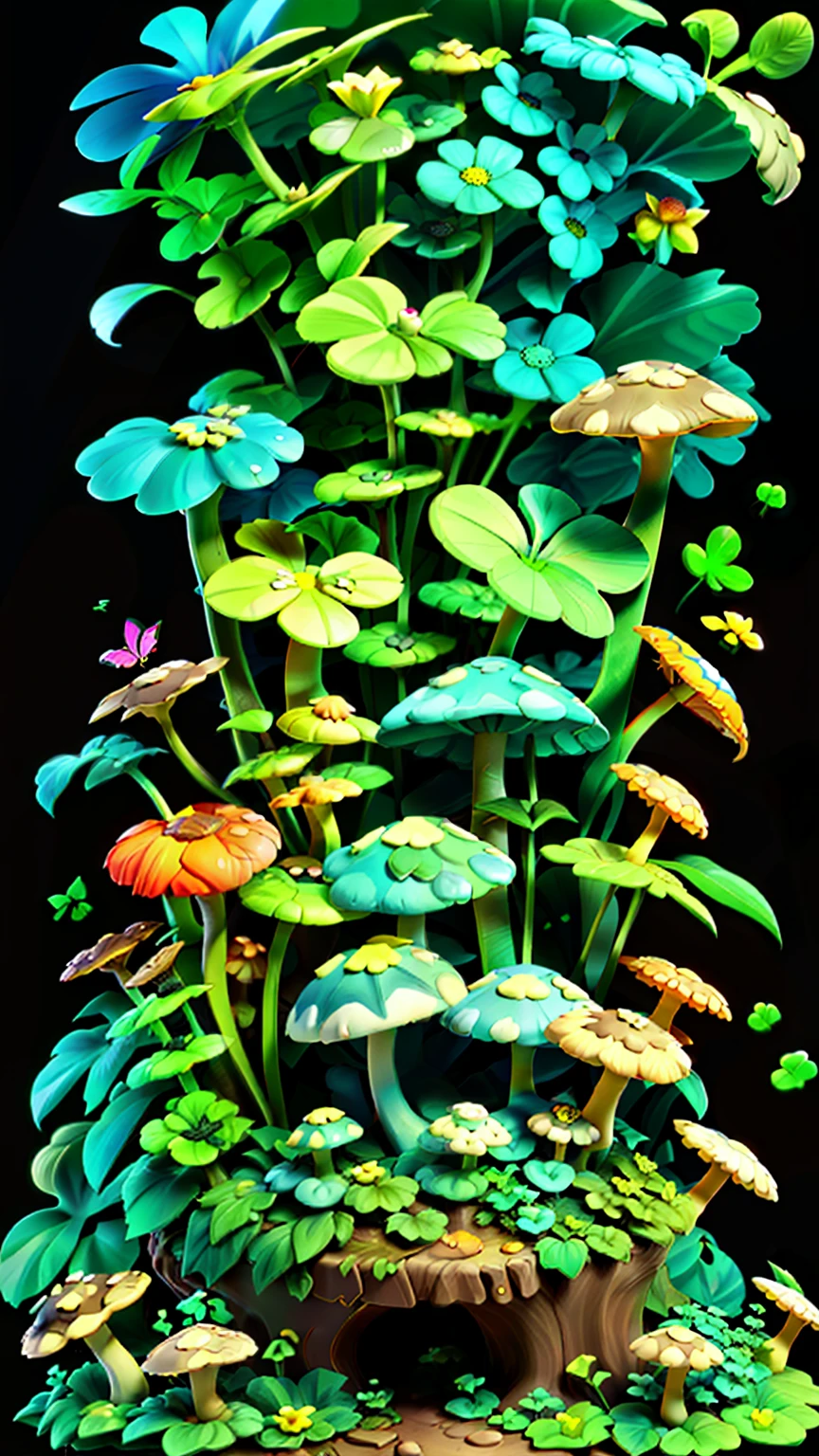 Mushroom forest，butterflys，lotuses，four-leaf clover，Cyber Mushroom Forest，Ultra-detailed digital fantasy art。Mushrooms are everywhere in the picture，The unique mushroom shape creates a magical casa scene
